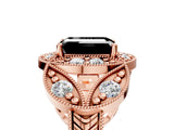 Rose gold Fancy Black Emerald Cut Halo Milgrain Diamond Engagement Ring with Leaf Band and Four-Prong Setting_5