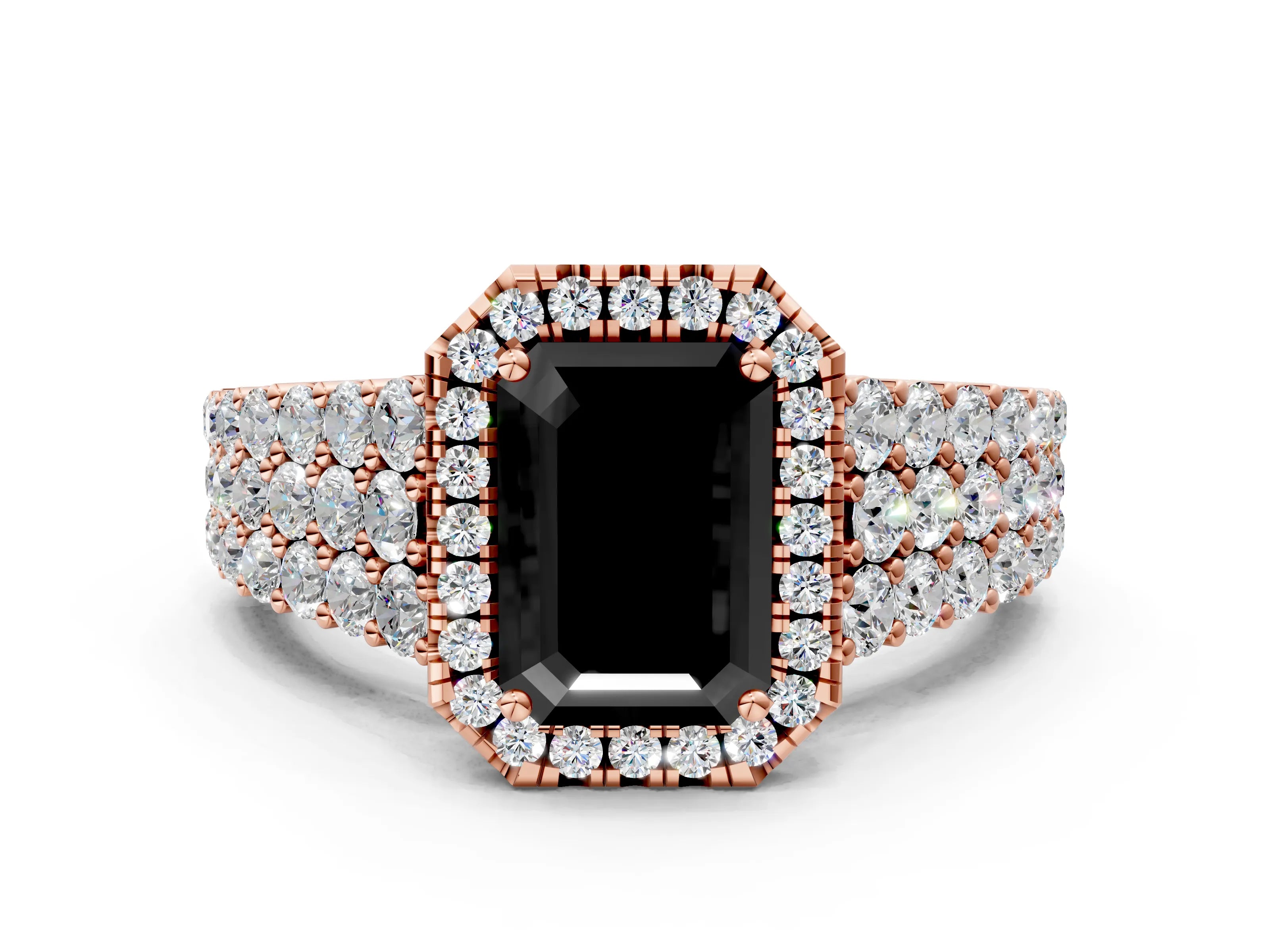 Rose gold Fancy Black Emerald Cut Halo Pavé Diamond Engagement Ring with Split Shank and Four-Prong Setting_3