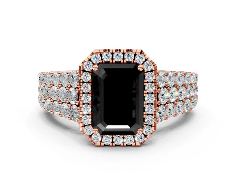 Rose gold Fancy Black Emerald Cut Halo Pavé Diamond Engagement Ring with Split Shank and Four-Prong Setting_3