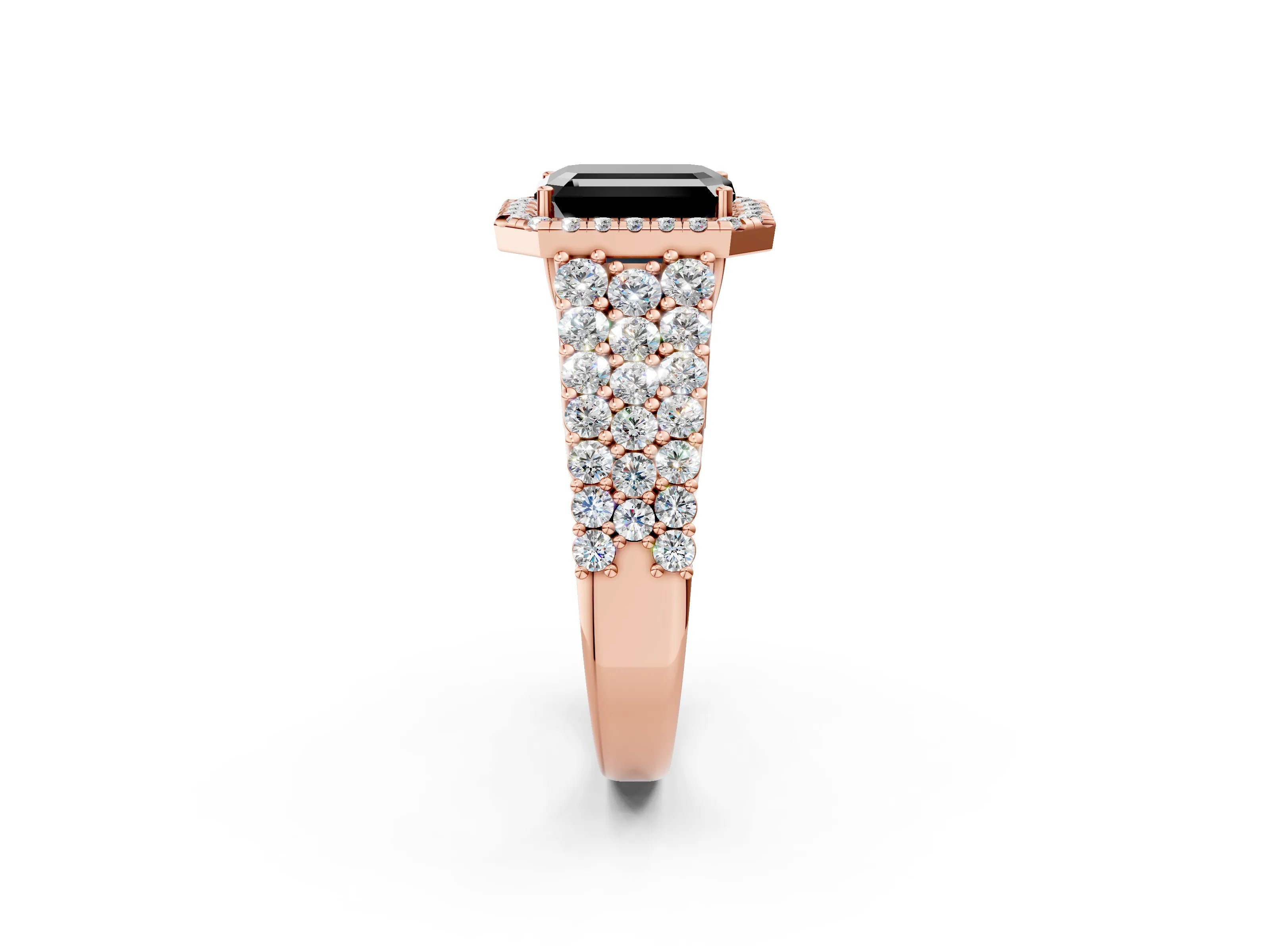 Rose gold Fancy Black Emerald Cut Halo Pavé Diamond Engagement Ring with Split Shank and Four-Prong Setting_5