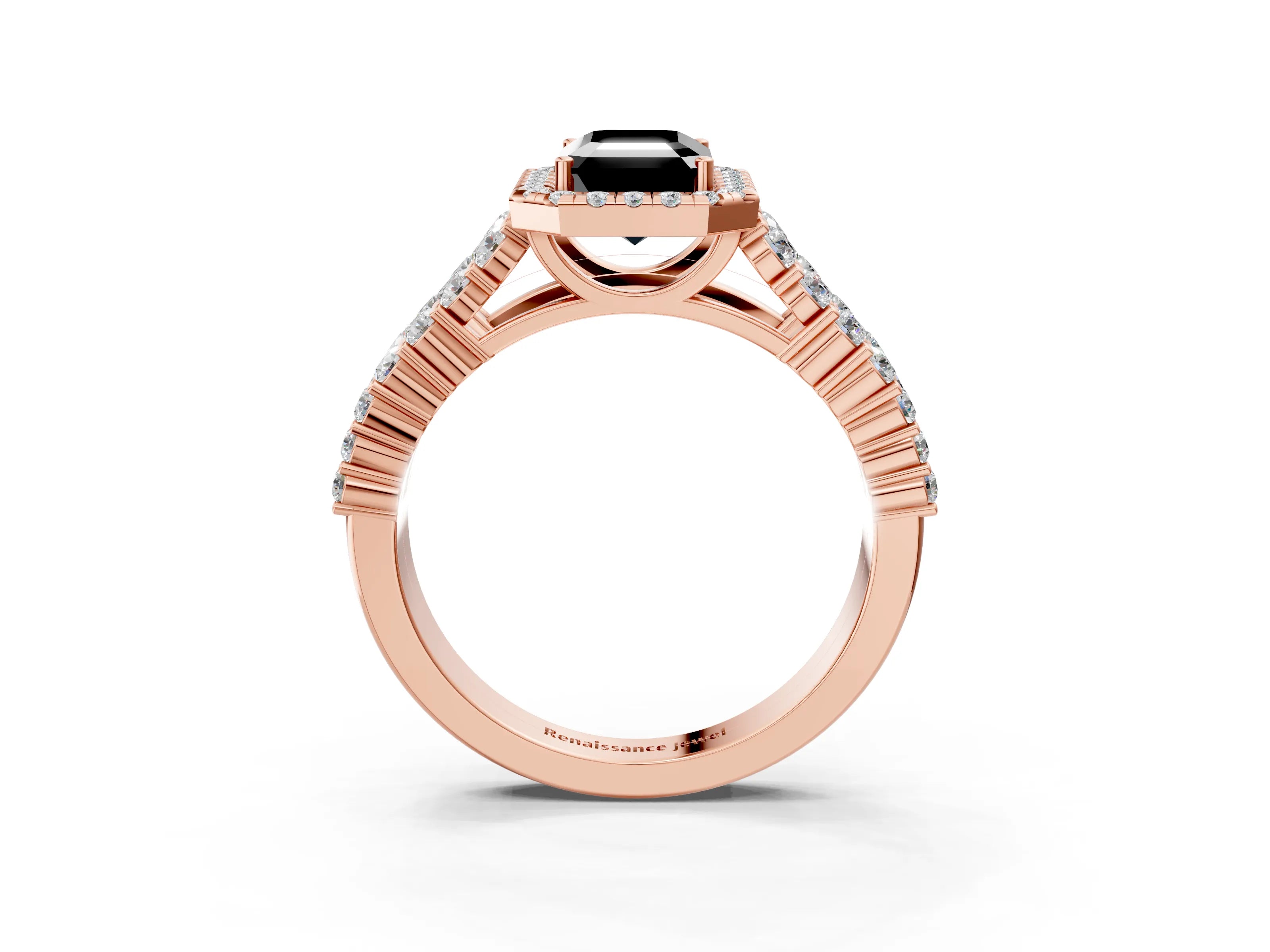 Rose gold Fancy Black Emerald Cut Halo Pavé Diamond Engagement Ring with Split Shank and Four-Prong Setting_6