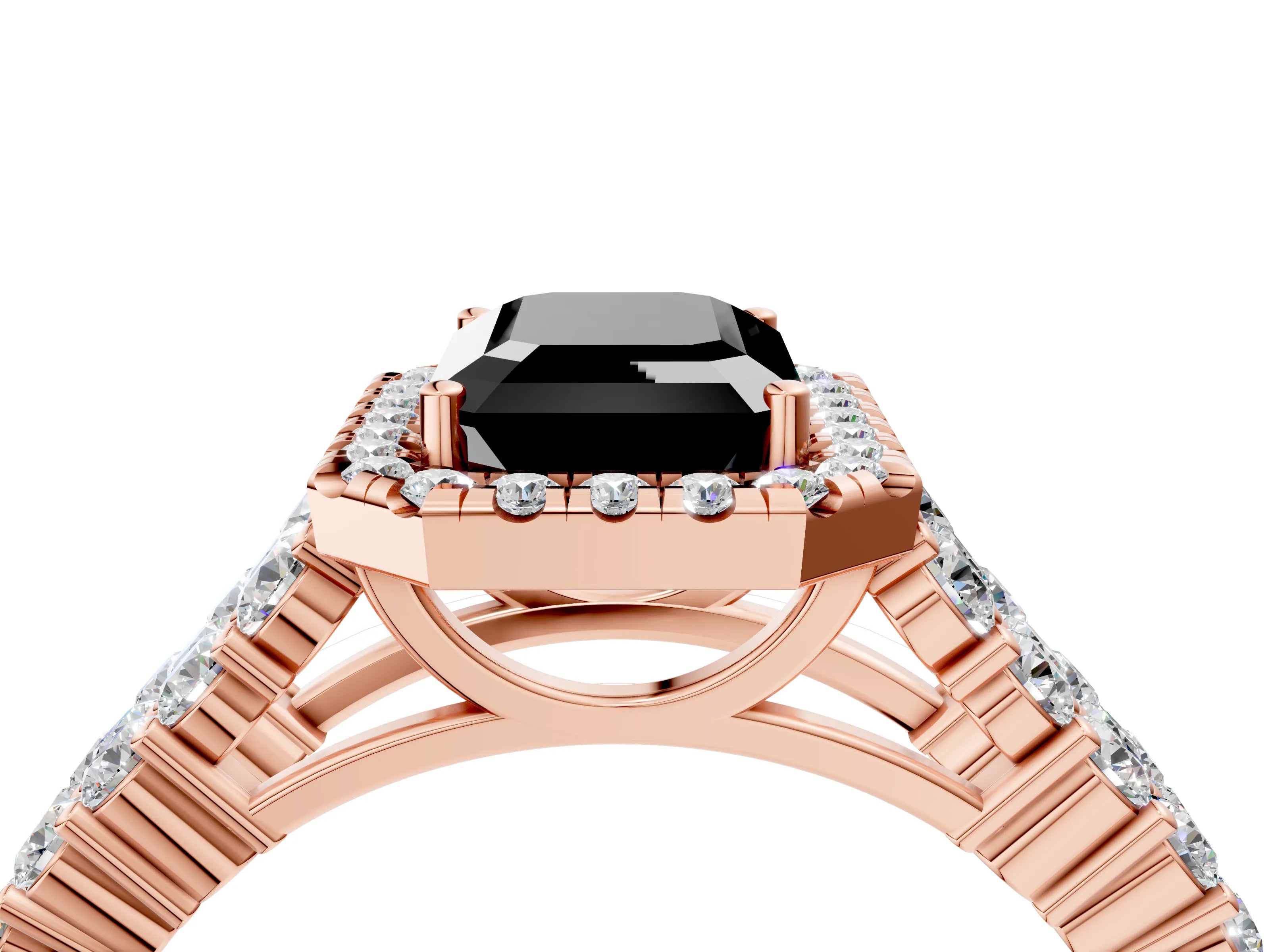 Rose gold Fancy Black Emerald Cut Halo Pavé Diamond Engagement Ring with Split Shank and Four-Prong Setting_7