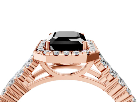 Rose gold Fancy Black Emerald Cut Halo Pavé Diamond Engagement Ring with Split Shank and Four-Prong Setting_7
