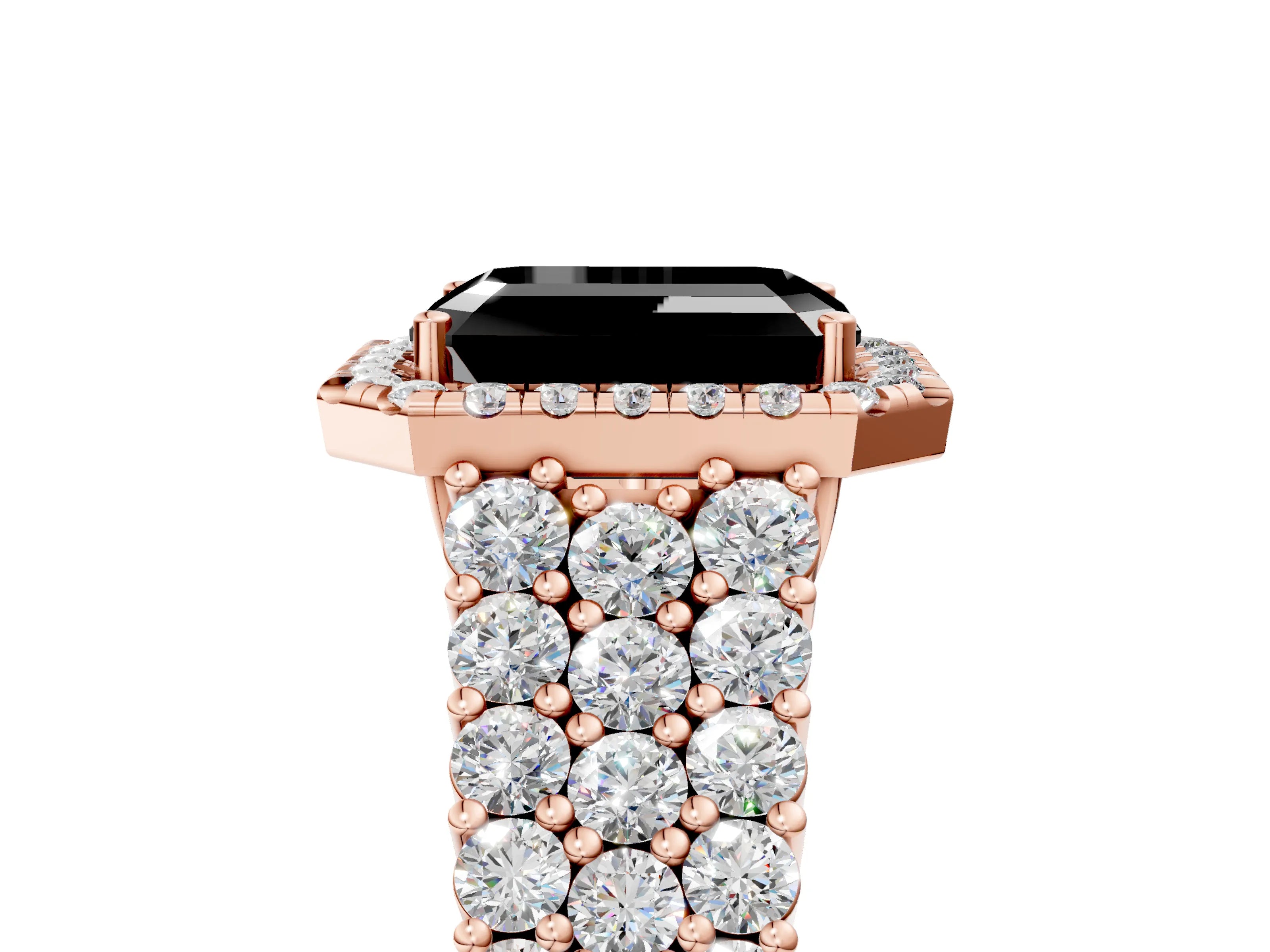 Rose gold Fancy Black Emerald Cut Halo Pavé Diamond Engagement Ring with Split Shank and Four-Prong Setting_8