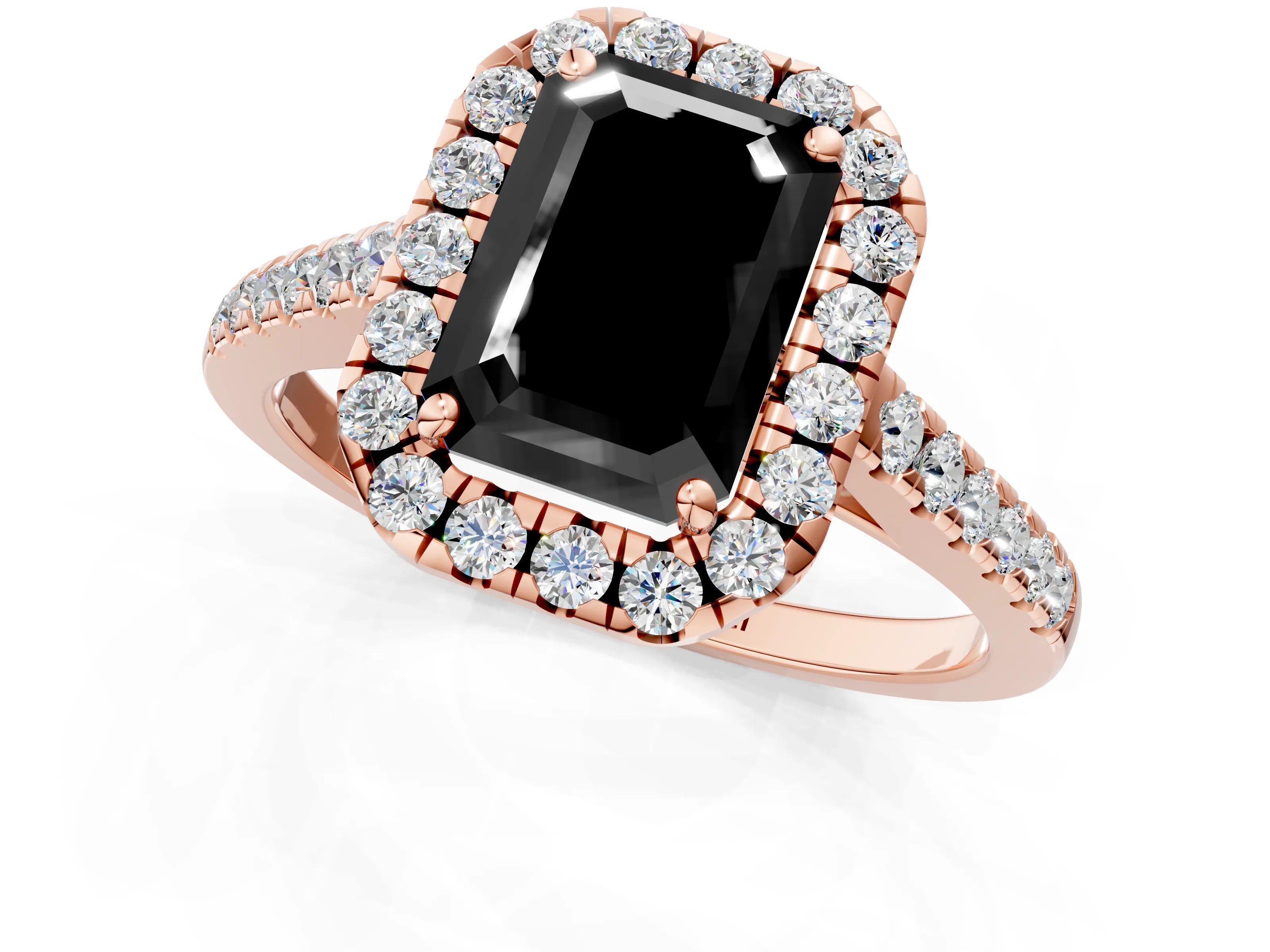 Rose gold Fancy Black Emerald Cut Halo Pave Diamond Engagement Ring with Four-Prong Setting_1