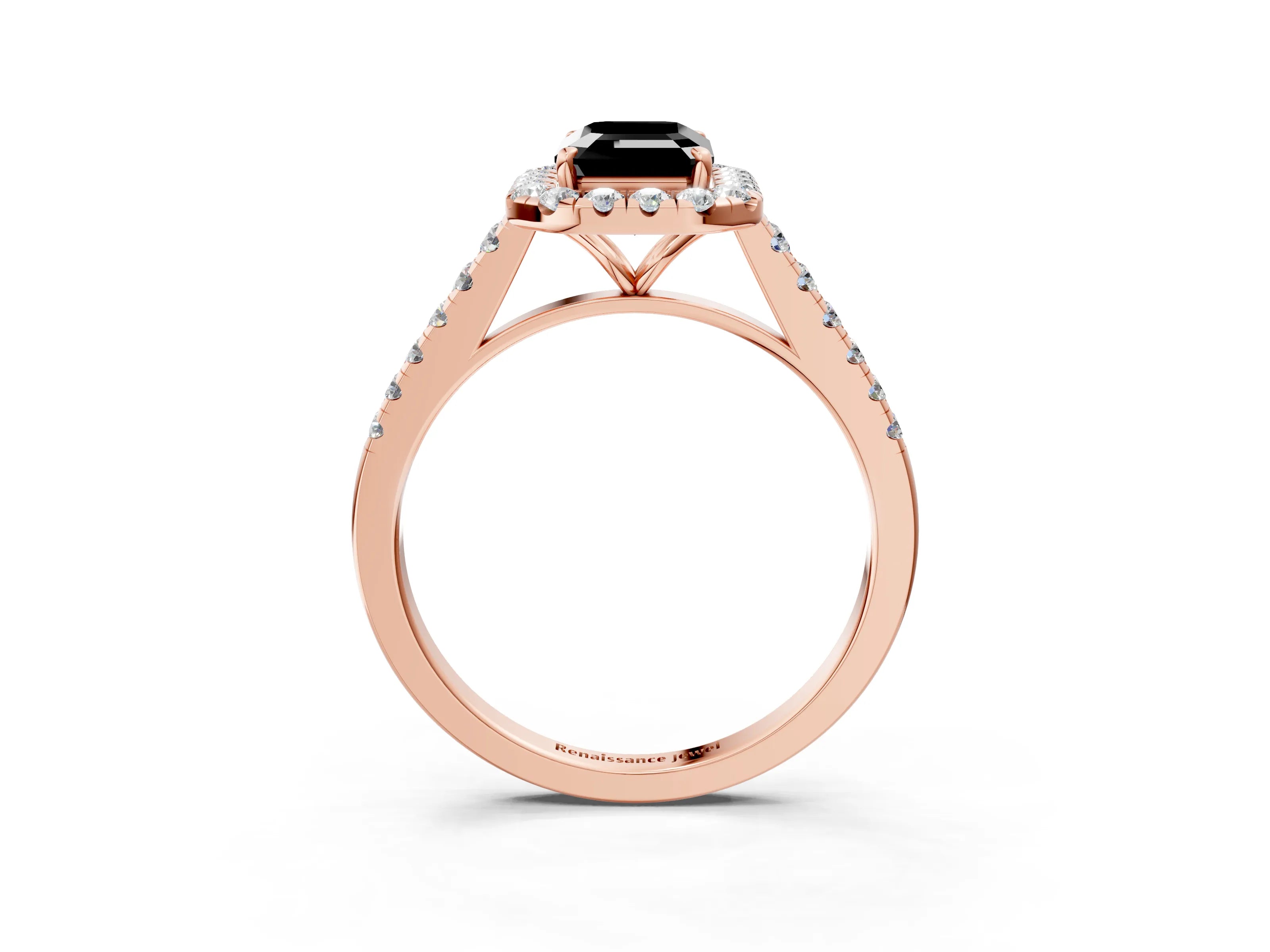 Rose gold Fancy Black Emerald Cut Halo Pave Diamond Engagement Ring with Four-Prong Setting_3