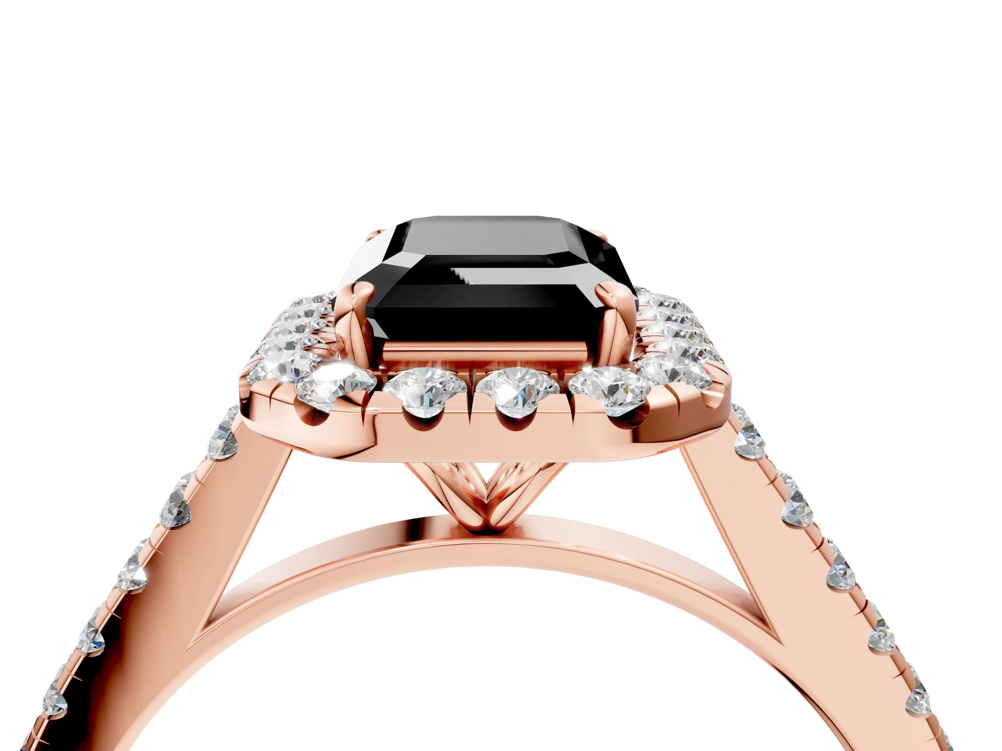 Rose gold Fancy Black Emerald Cut Halo Pave Diamond Engagement Ring with Four-Prong Setting_4