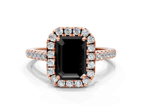 Rose gold Fancy Black Emerald Cut Halo Pave Diamond Engagement Ring with Four-Prong Setting