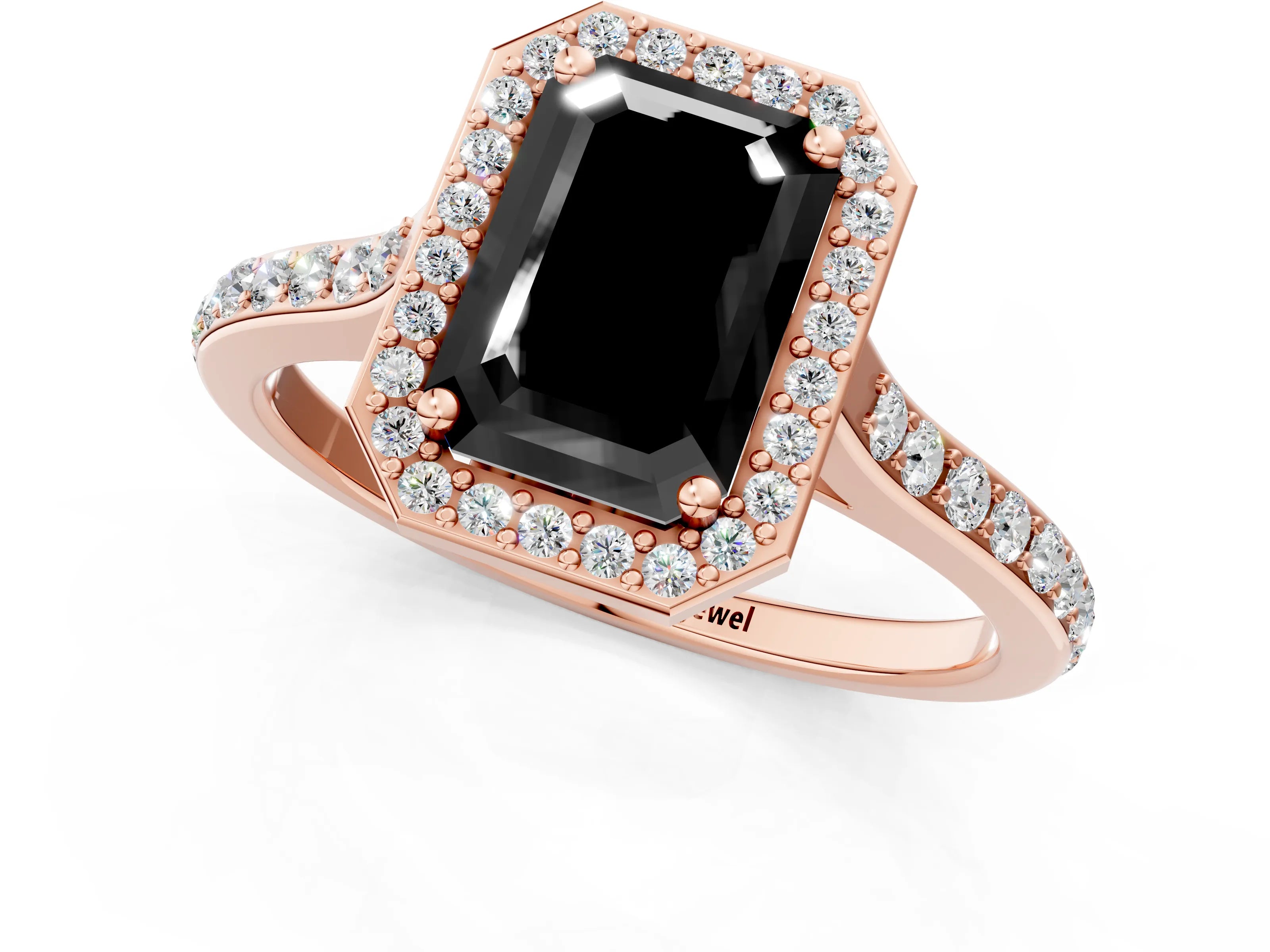 Rose gold Fancy Black Emerald Cut Halo Round Diamond Pavé Band with Four-Prong Setting_4