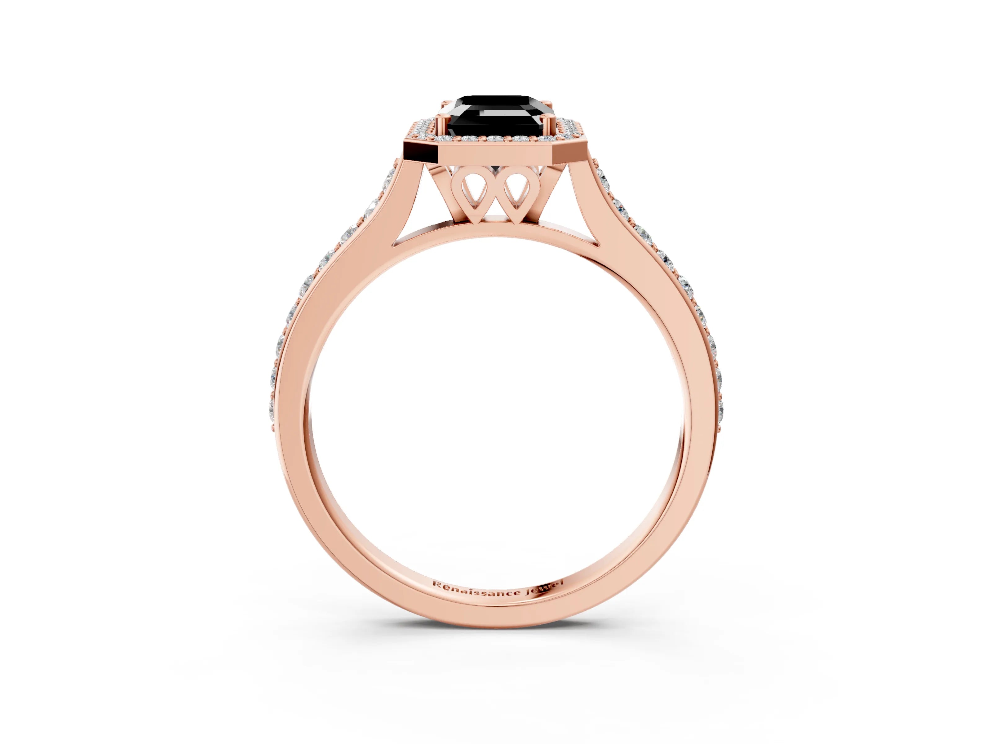 Rose gold Fancy Black Emerald Cut Halo Round Diamond Pavé Band with Four-Prong Setting_6