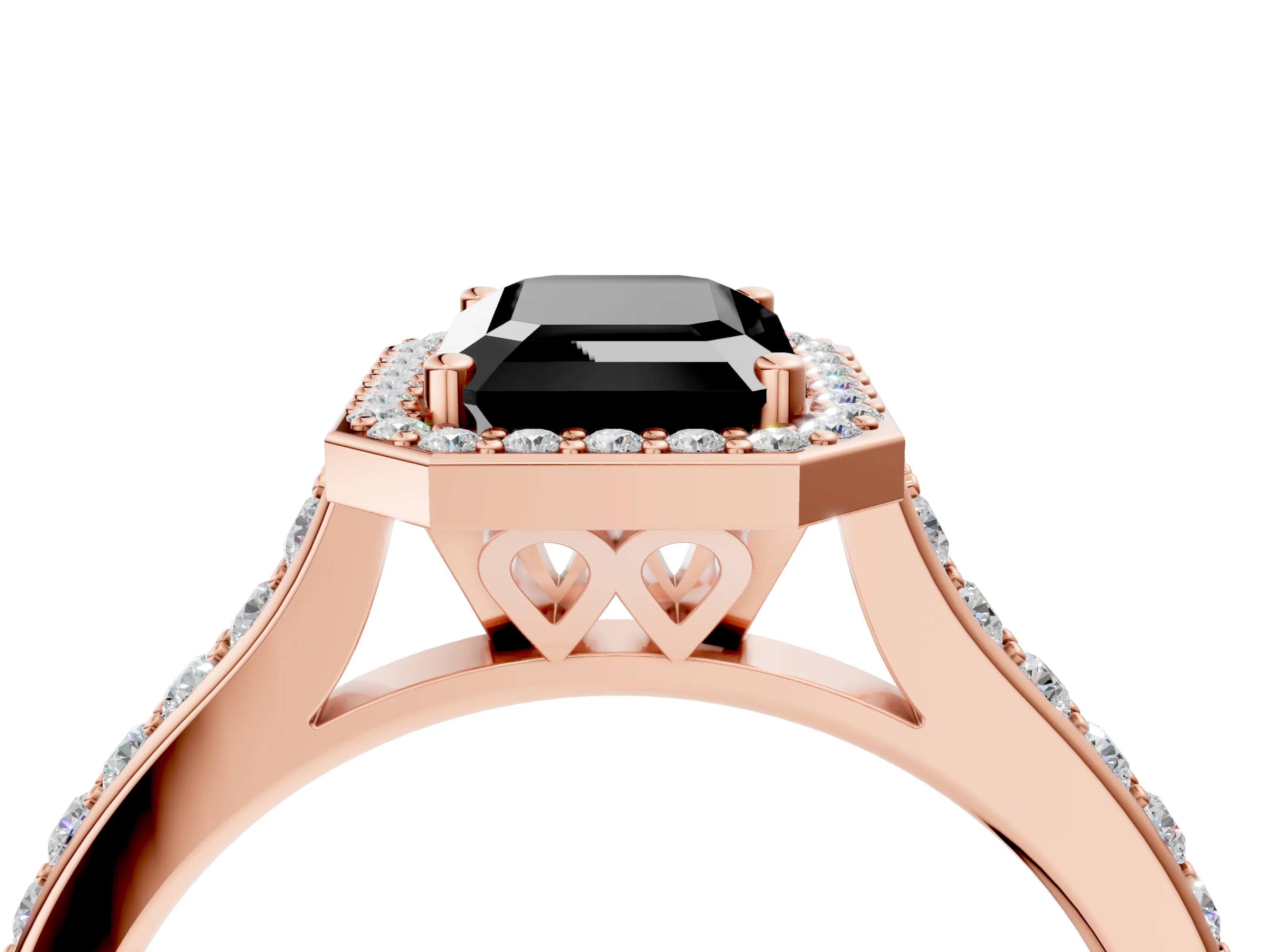 Rose gold Fancy Black Emerald Cut Halo Round Diamond Pavé Band with Four-Prong Setting_7