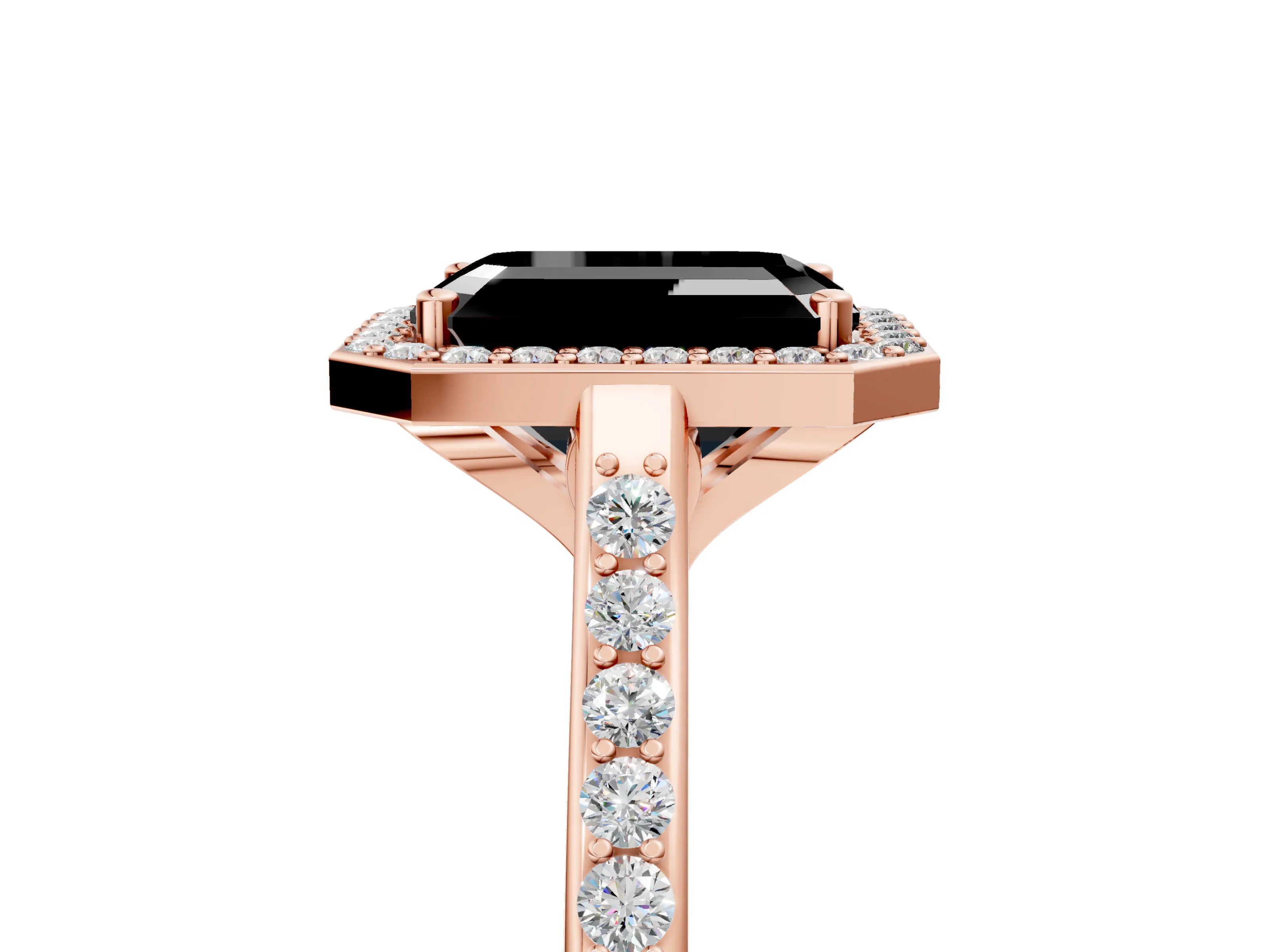 Rose gold Fancy Black Emerald Cut Halo Round Diamond Pavé Band with Four-Prong Setting_8