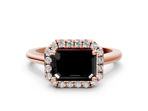 Rose gold Fancy Black Emerald Cut Halo Round Diamond Solitaire Engagement Ring with Pave Band and Four-Prong Setting_12
