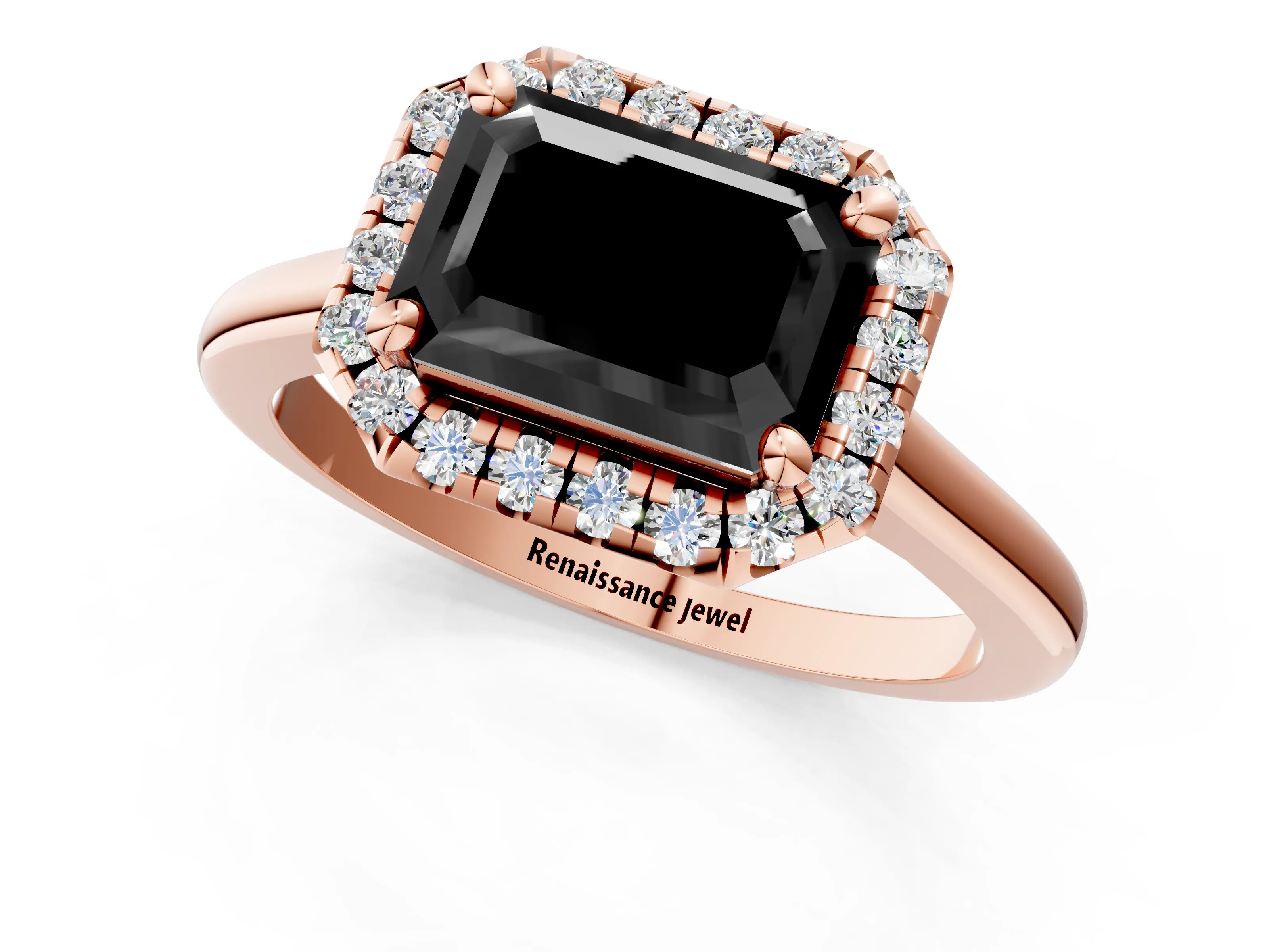 Rose gold Fancy Black Emerald Cut Halo Round Diamond Solitaire Engagement Ring with Pave Band and Four-Prong Setting_13