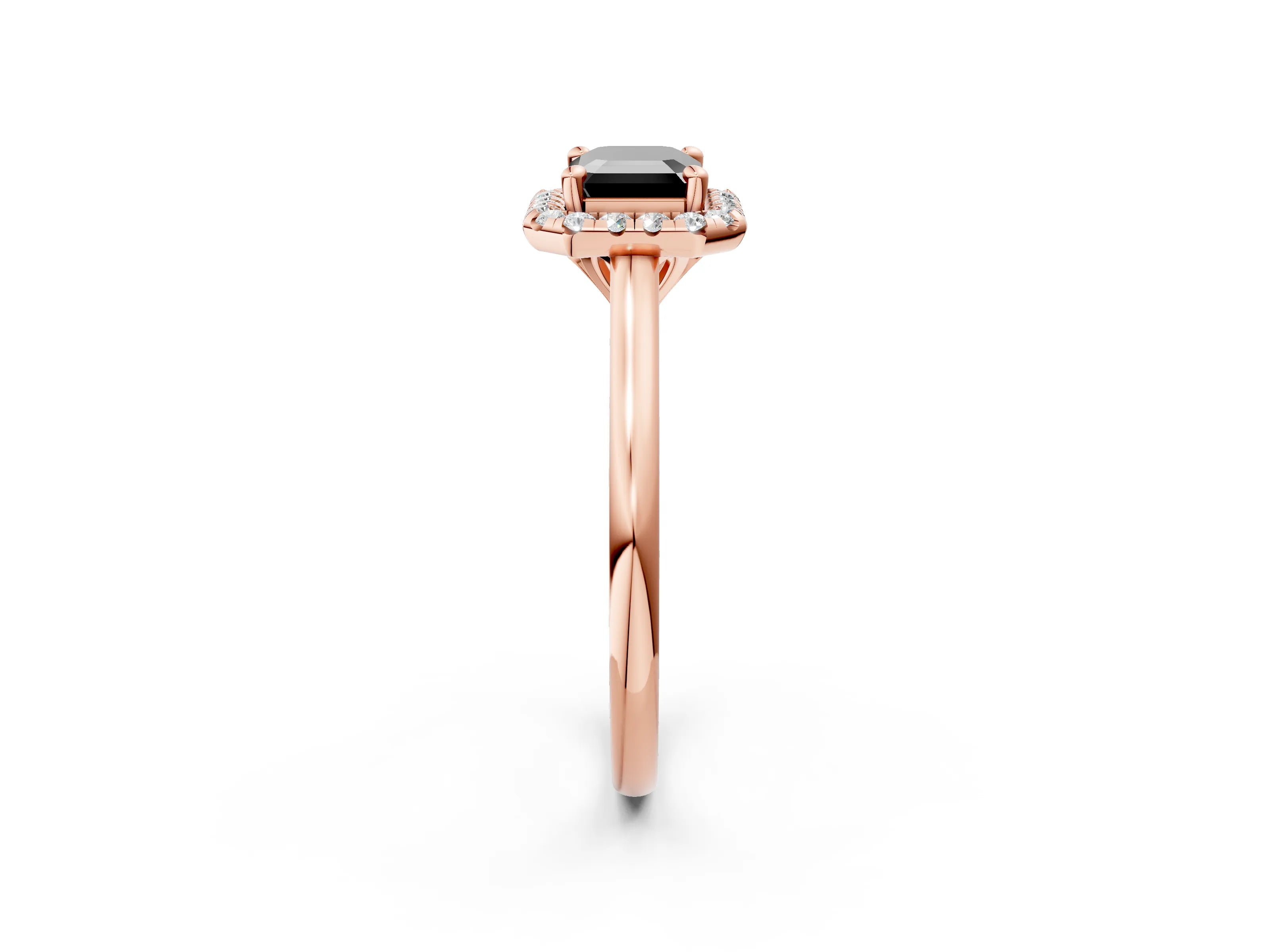 Rose gold Fancy Black Emerald Cut Halo Round Diamond Solitaire Engagement Ring with Pave Band and Four-Prong Setting_14