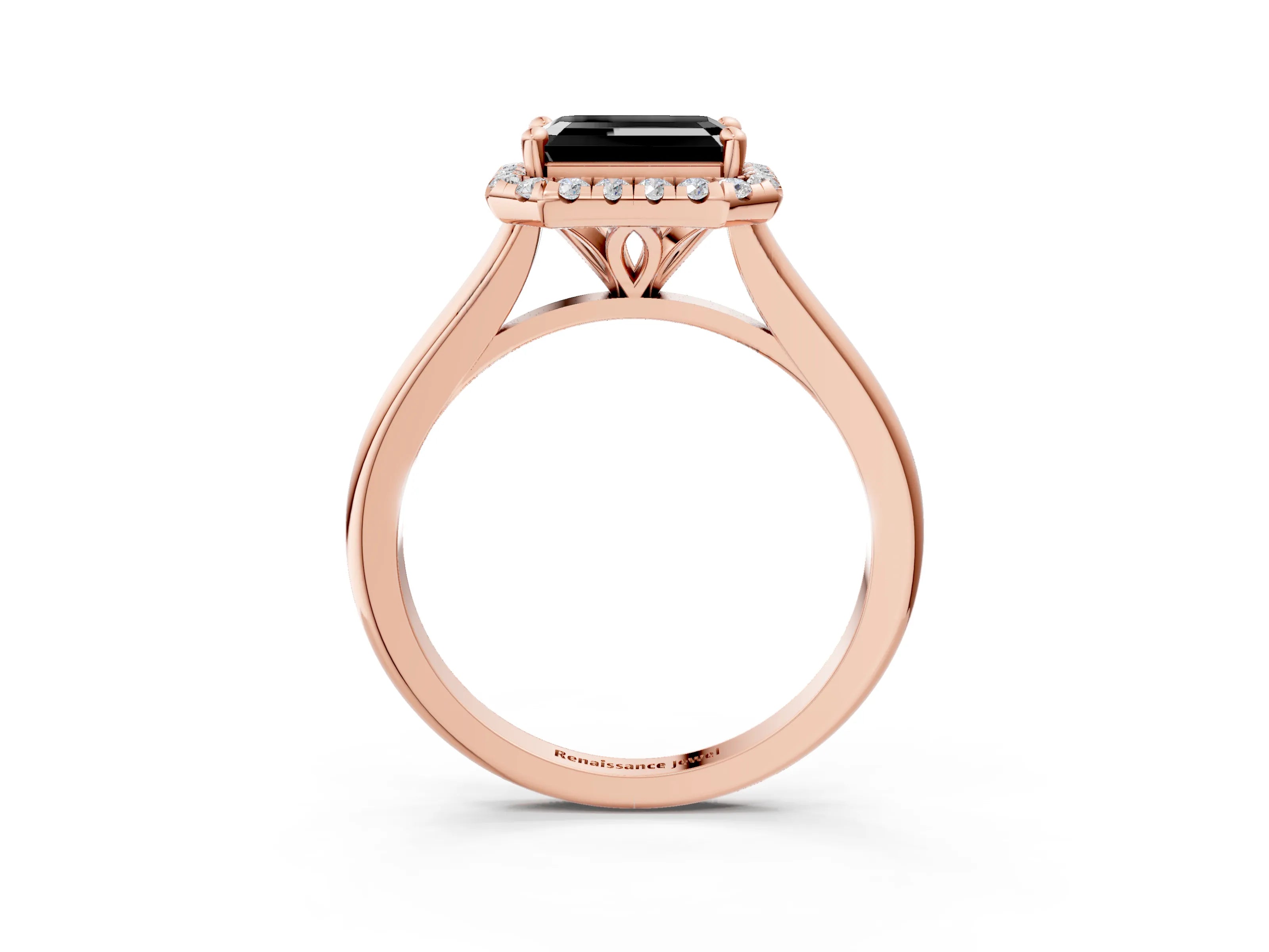 Rose gold Fancy Black Emerald Cut Halo Round Diamond Solitaire Engagement Ring with Pave Band and Four-Prong Setting_15