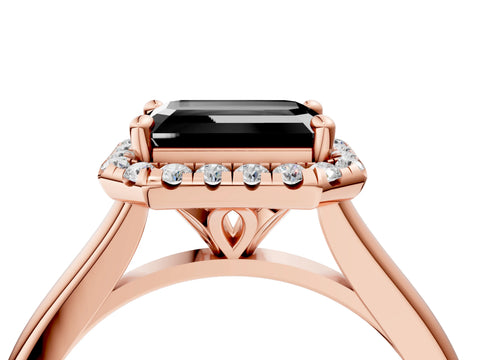 Rose gold Fancy Black Emerald Cut Halo Round Diamond Solitaire Engagement Ring with Pave Band and Four-Prong Setting_16