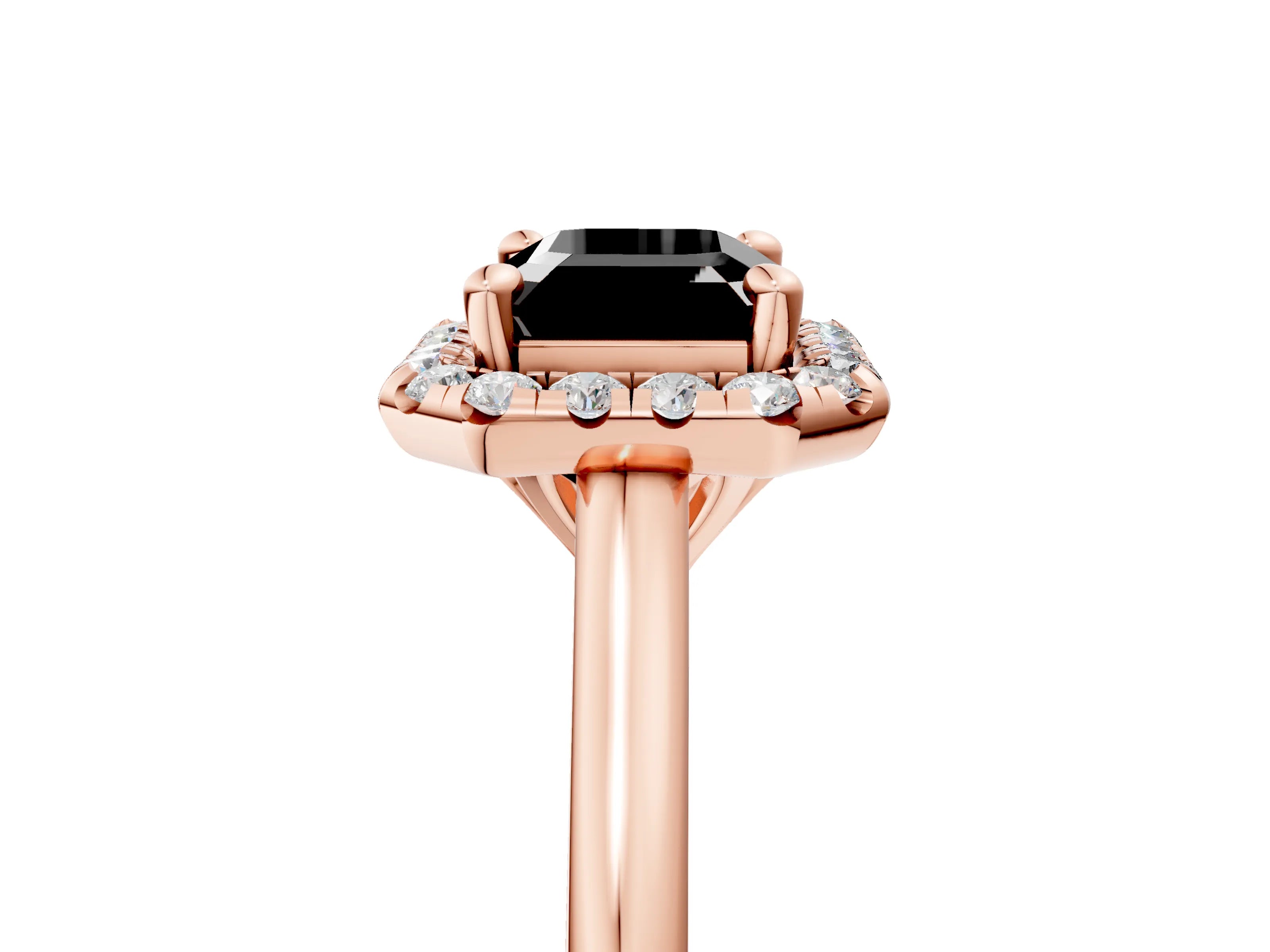 Rose gold Fancy Black Emerald Cut Halo Round Diamond Solitaire Engagement Ring with Pave Band and Four-Prong Setting_17