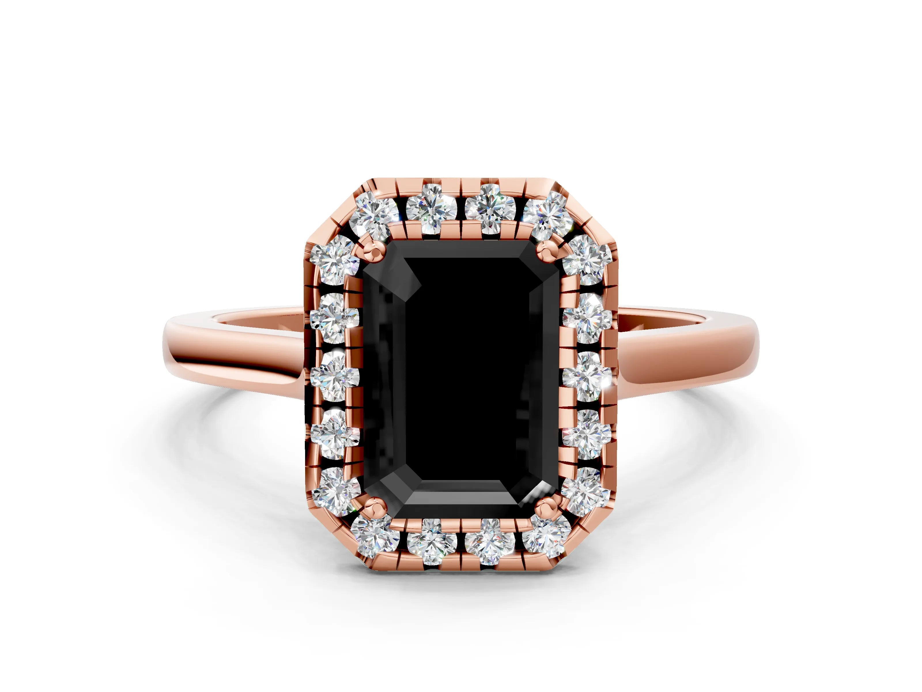 Rose gold Fancy Black Emerald Cut Halo Round Diamond Solitaire Ring with Pavé Band and Four-Prong Setting