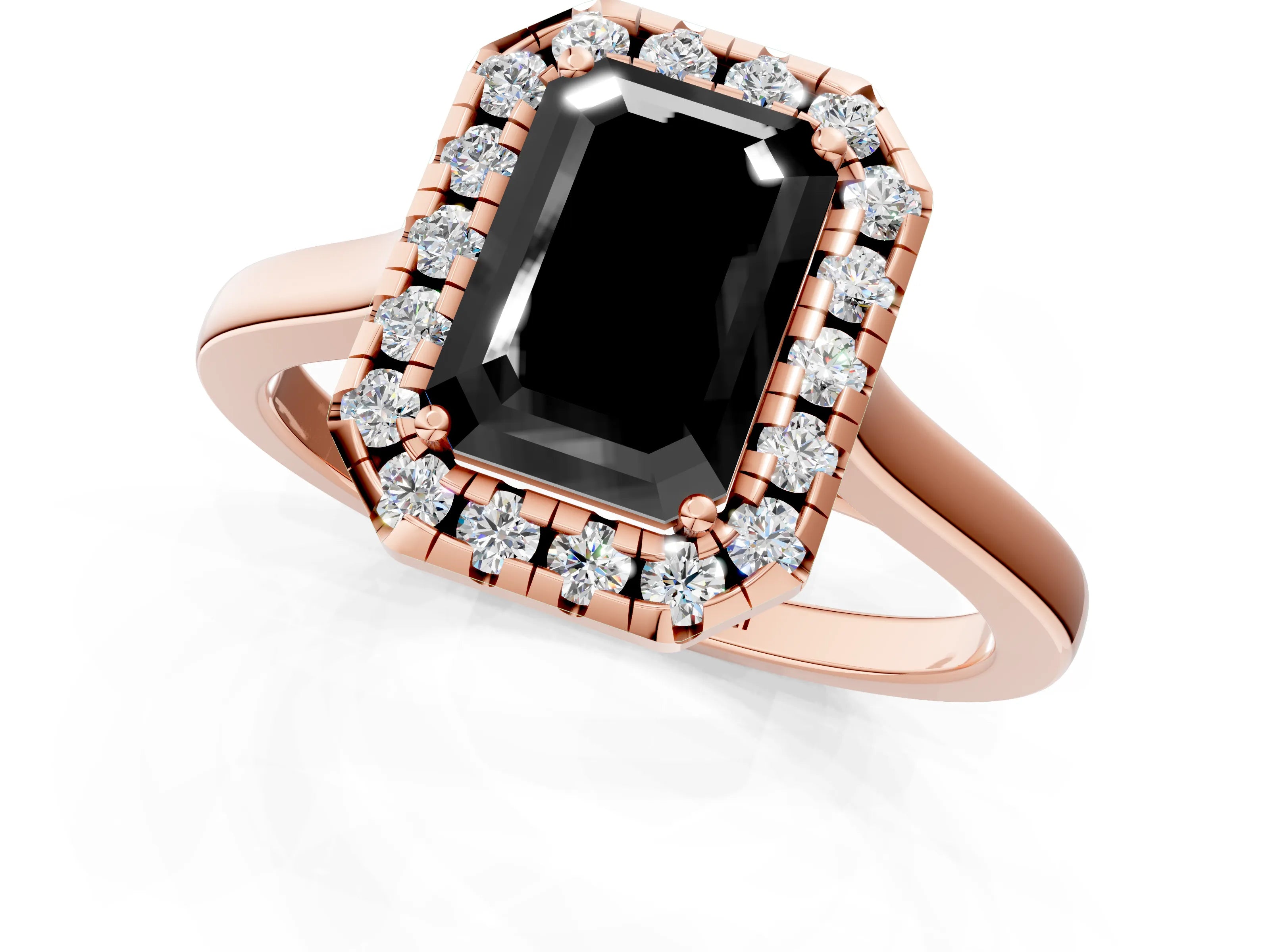 Rose gold Fancy Black Emerald Cut Halo Round Diamond Solitaire Ring with Pavé Band and Four-Prong Setting_1