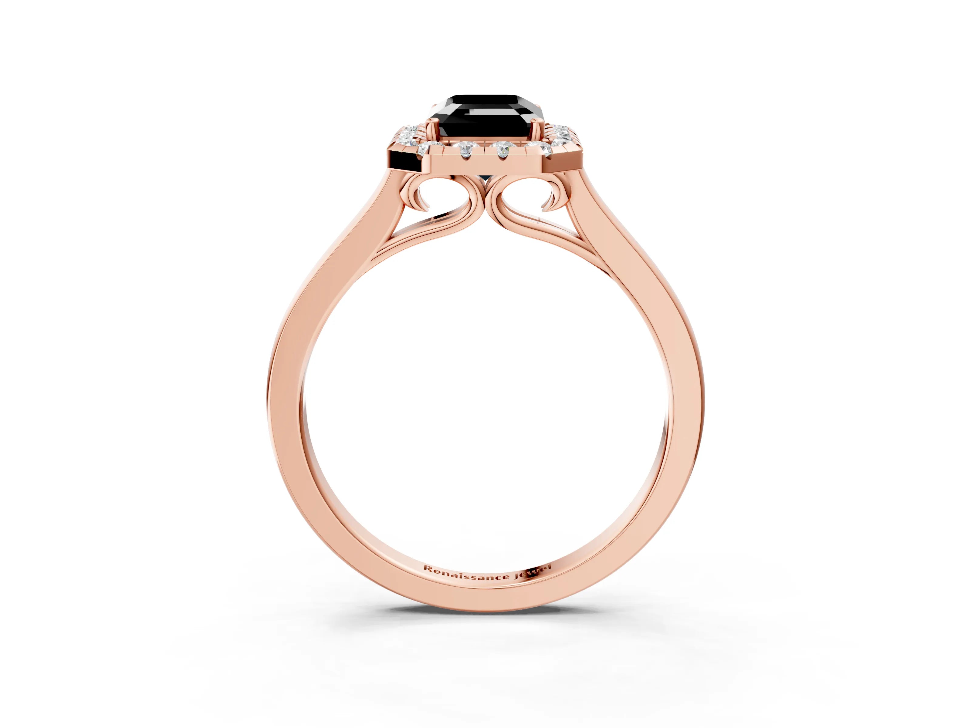 Rose gold Fancy Black Emerald Cut Halo Round Diamond Solitaire Ring with Pavé Band and Four-Prong Setting_3