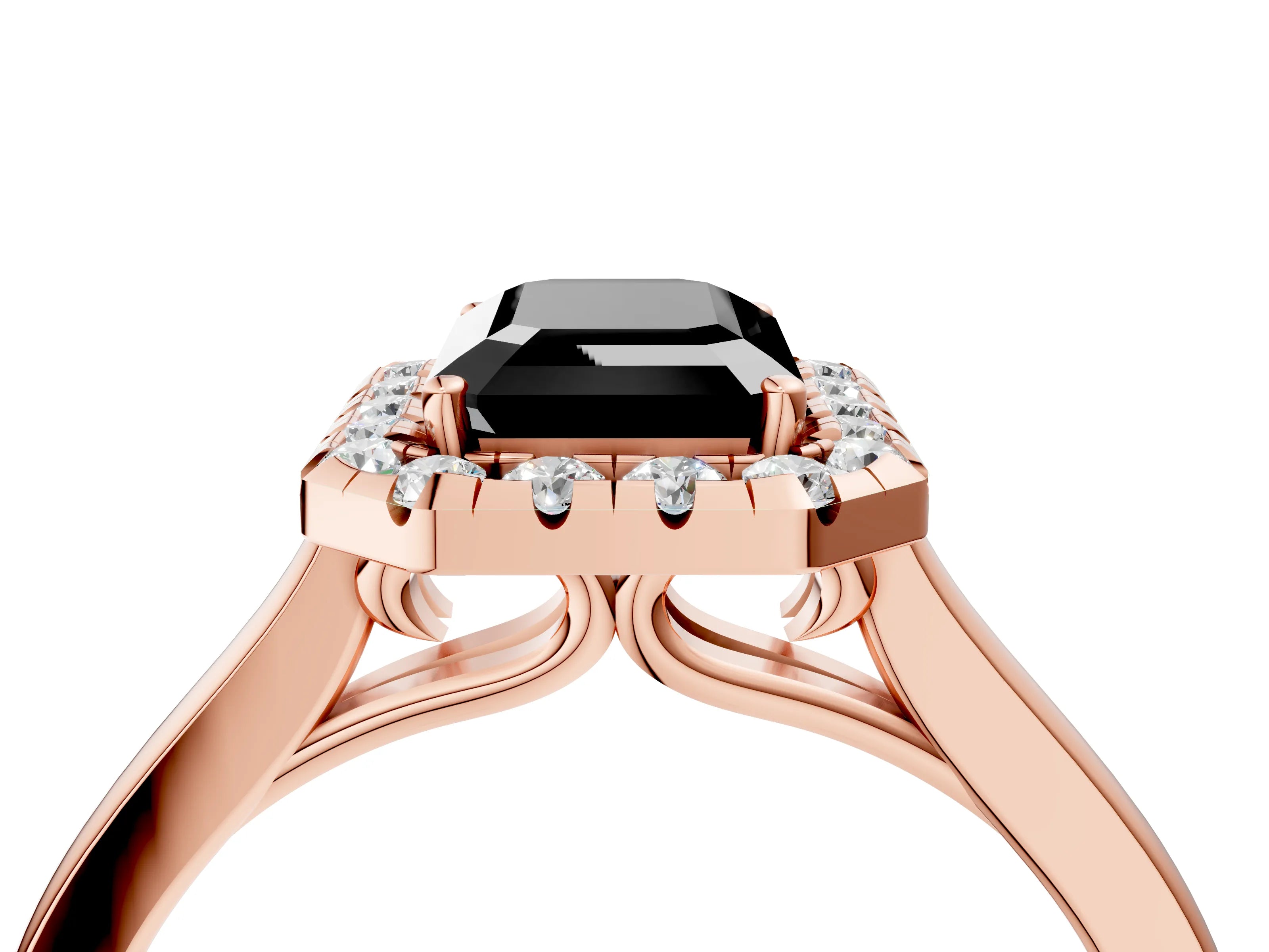 Rose gold Fancy Black Emerald Cut Halo Round Diamond Solitaire Ring with Pavé Band and Four-Prong Setting_4