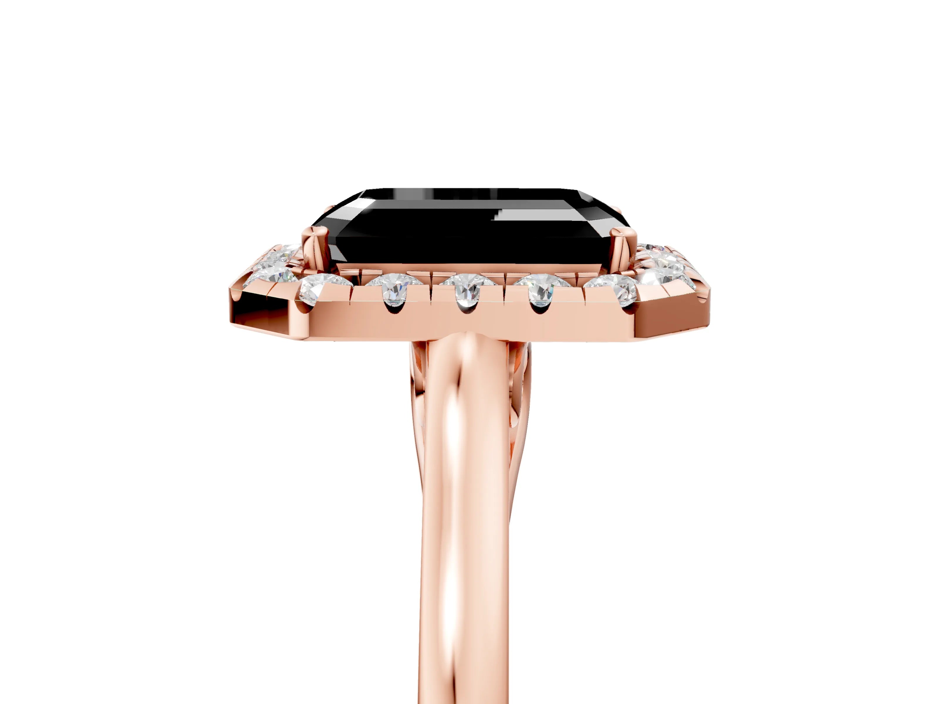 Rose gold Fancy Black Emerald Cut Halo Round Diamond Solitaire Ring with Pavé Band and Four-Prong Setting_5