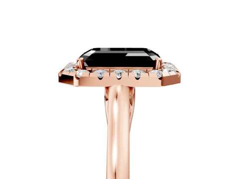Rose gold Fancy Black Emerald Cut Halo Round Diamond Solitaire Ring with Pavé Band and Four-Prong Setting_5