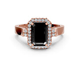 Rose gold Fancy Black Emerald Cut Halo Round Diamond Twist Band with Four-Prong Setting