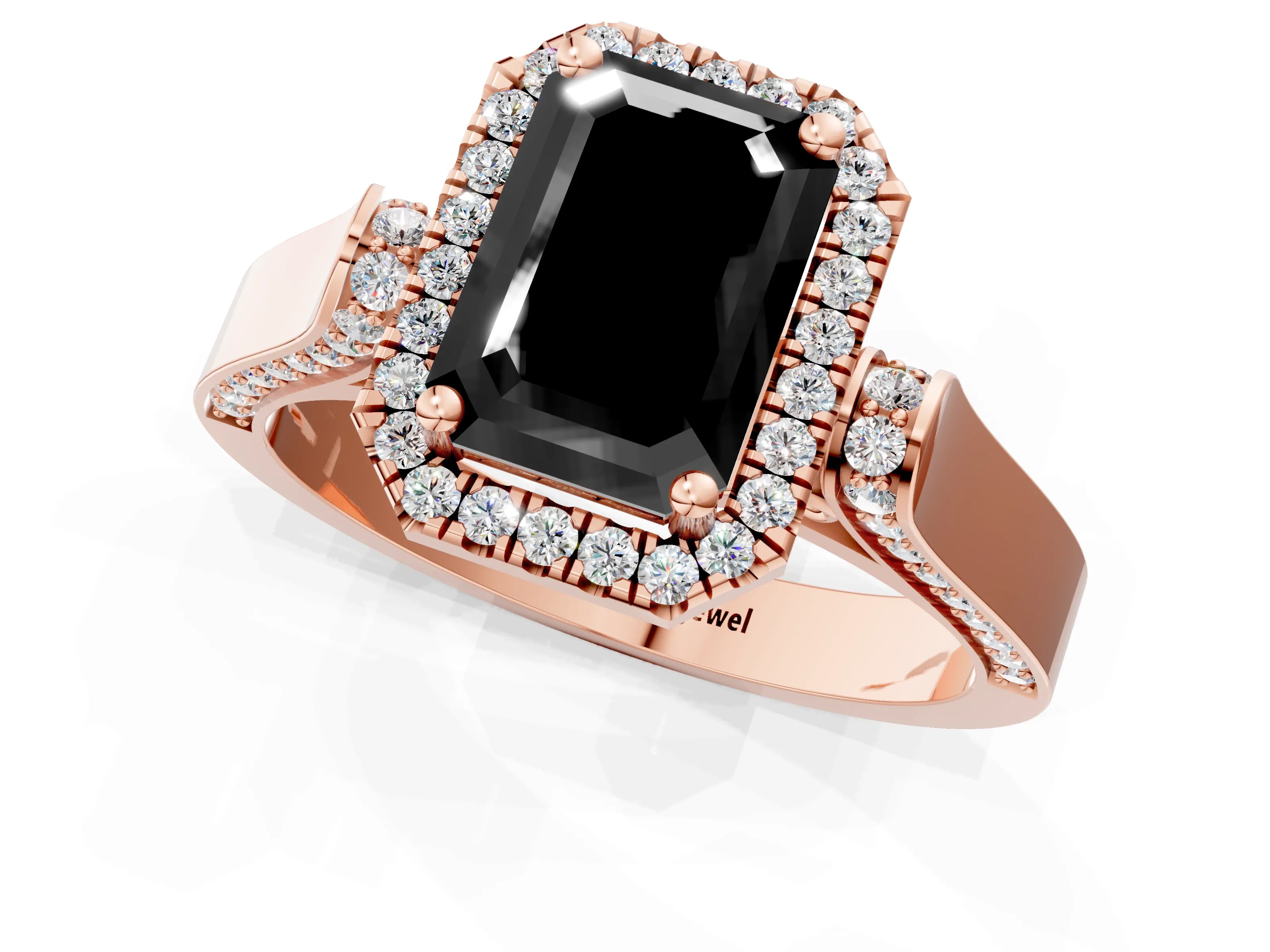 Rose gold Fancy Black Emerald Cut Halo Round Diamond Twist Band with Four-Prong Setting_1
