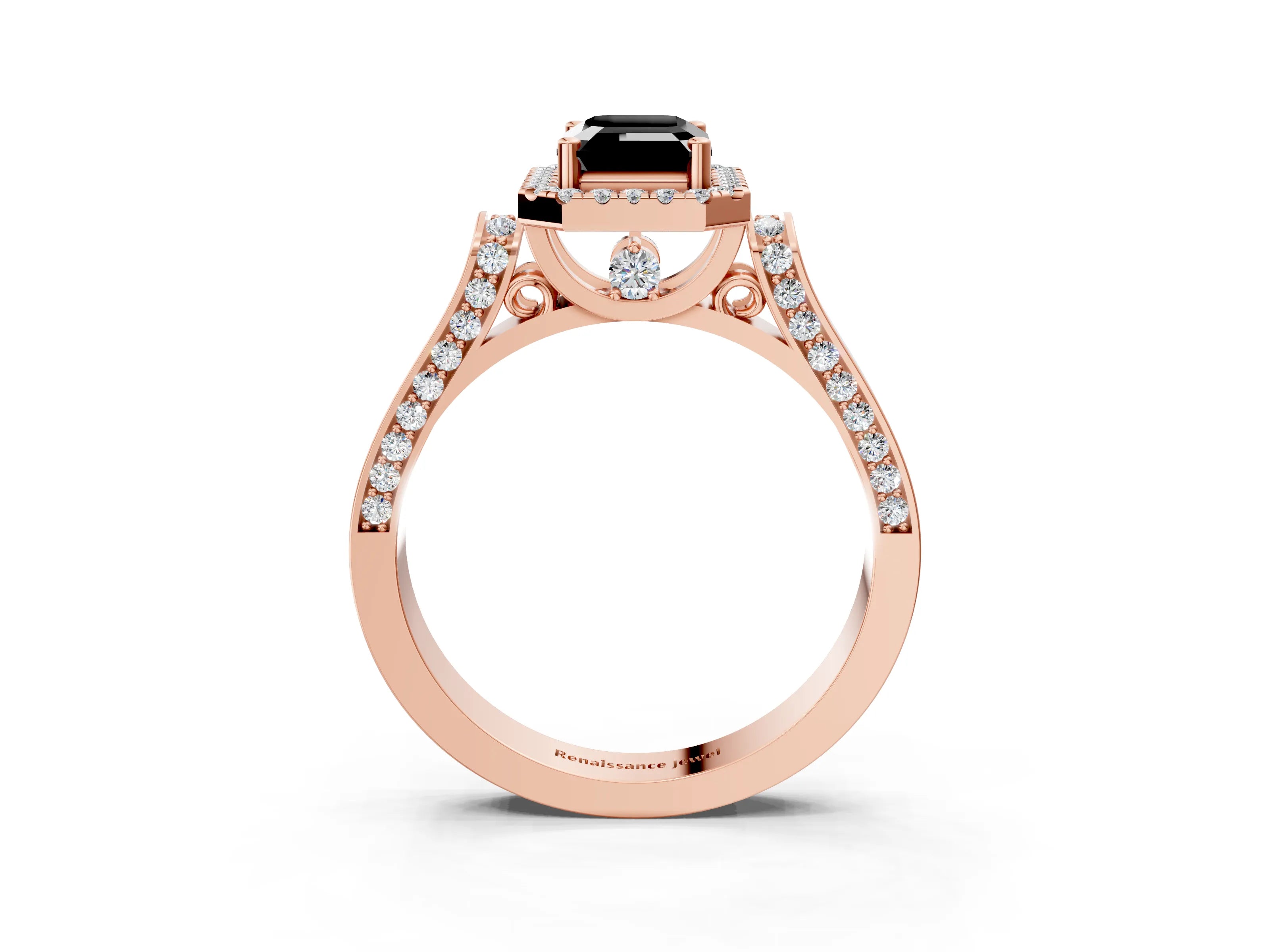 Rose gold Fancy Black Emerald Cut Halo Round Diamond Twist Band with Four-Prong Setting_3