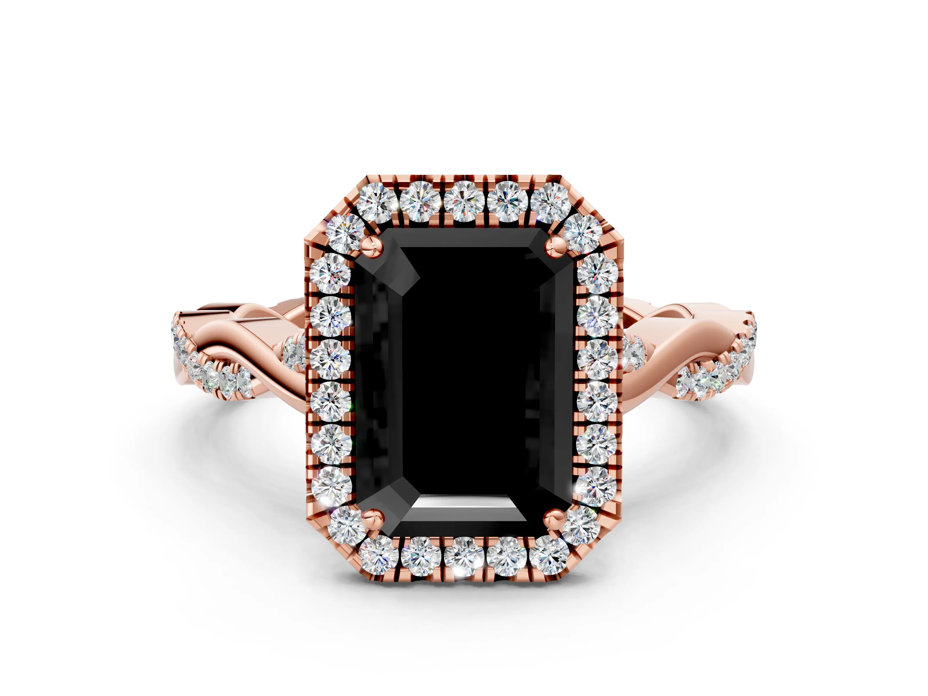Rose gold Fancy Black Emerald Cut Halo Twist Band with Four-Prong Setting