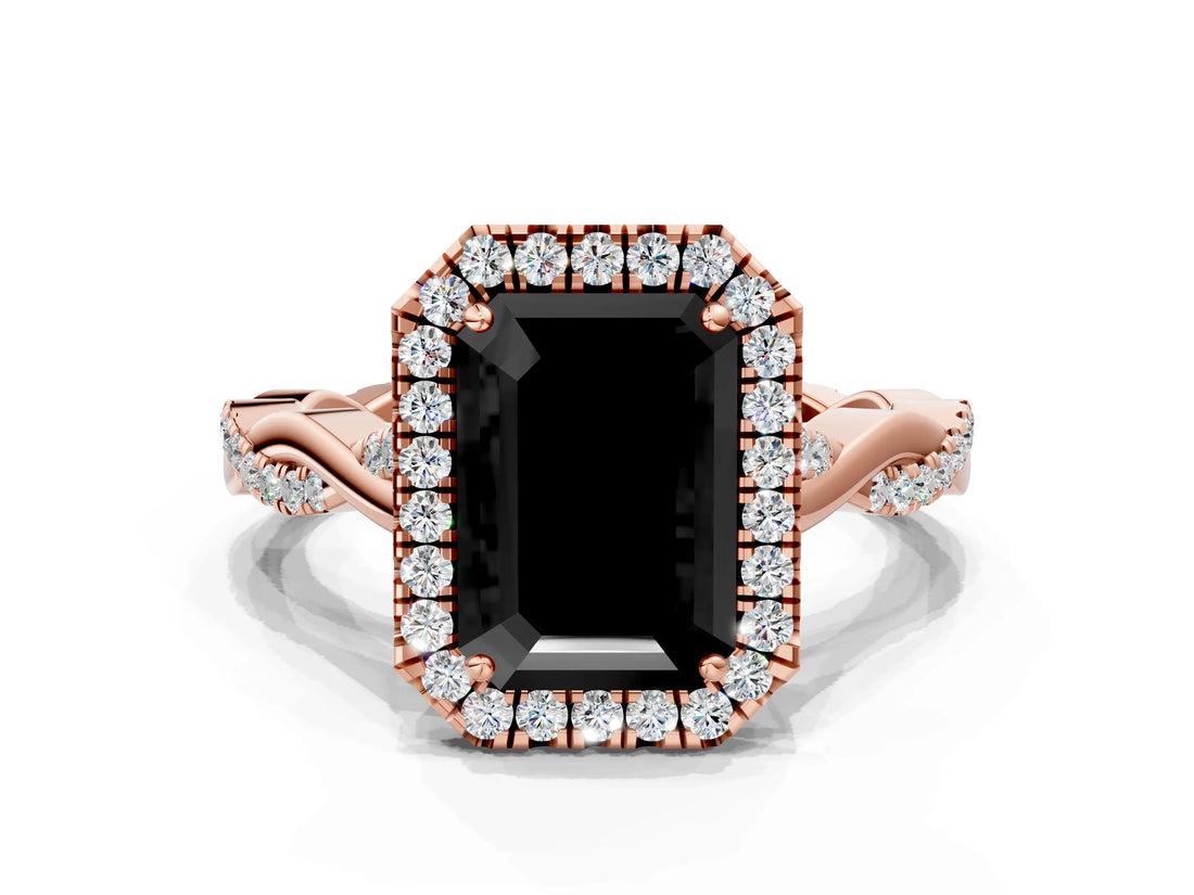 Rose gold Fancy Black Emerald Cut Halo Twist Band with Four-Prong Setting_12