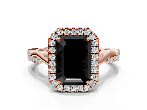 Rose gold Fancy Black Emerald Cut Halo Twist Band with Four-Prong Setting_12