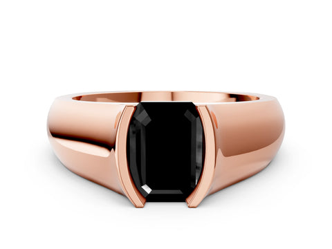 Rose gold Fancy Black Emerald Cut Solitaire Bezel Set Diamond Ring with Wide Band