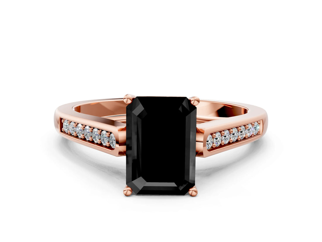 Rose gold Fancy Black Emerald Cut Solitaire Cathedral Diamond Engagement Ring with Channel-Set Band and Four-Prong Setting_3
