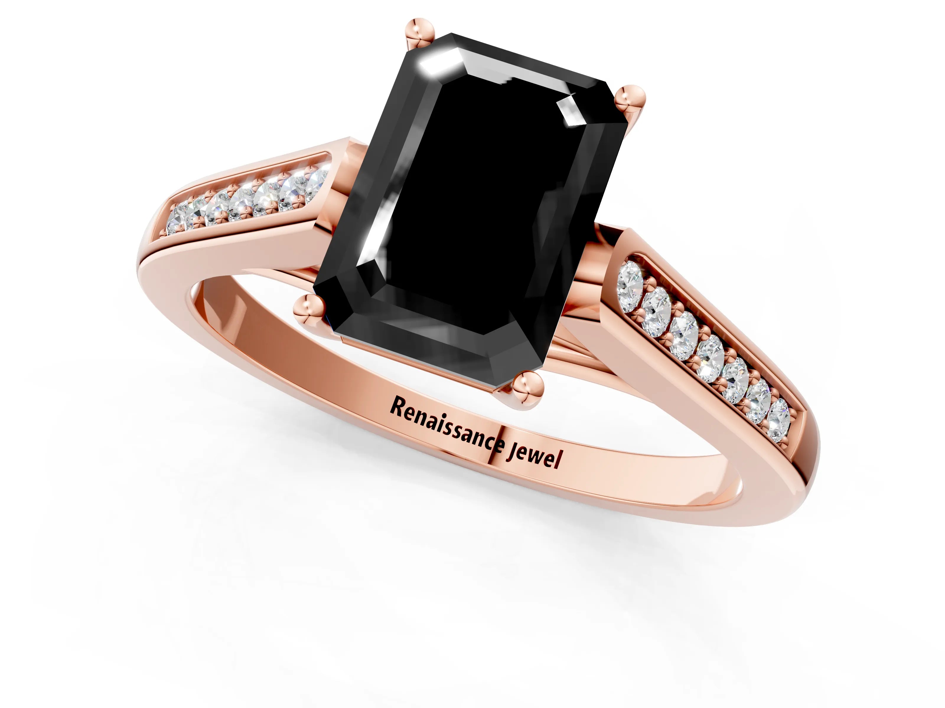Rose gold Fancy Black Emerald Cut Solitaire Cathedral Diamond Engagement Ring with Channel-Set Band and Four-Prong Setting_4