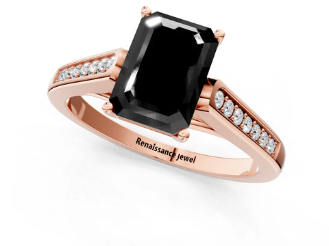 Rose gold Fancy Black Emerald Cut Solitaire Cathedral Diamond Engagement Ring with Channel-Set Band and Four-Prong Setting_4
