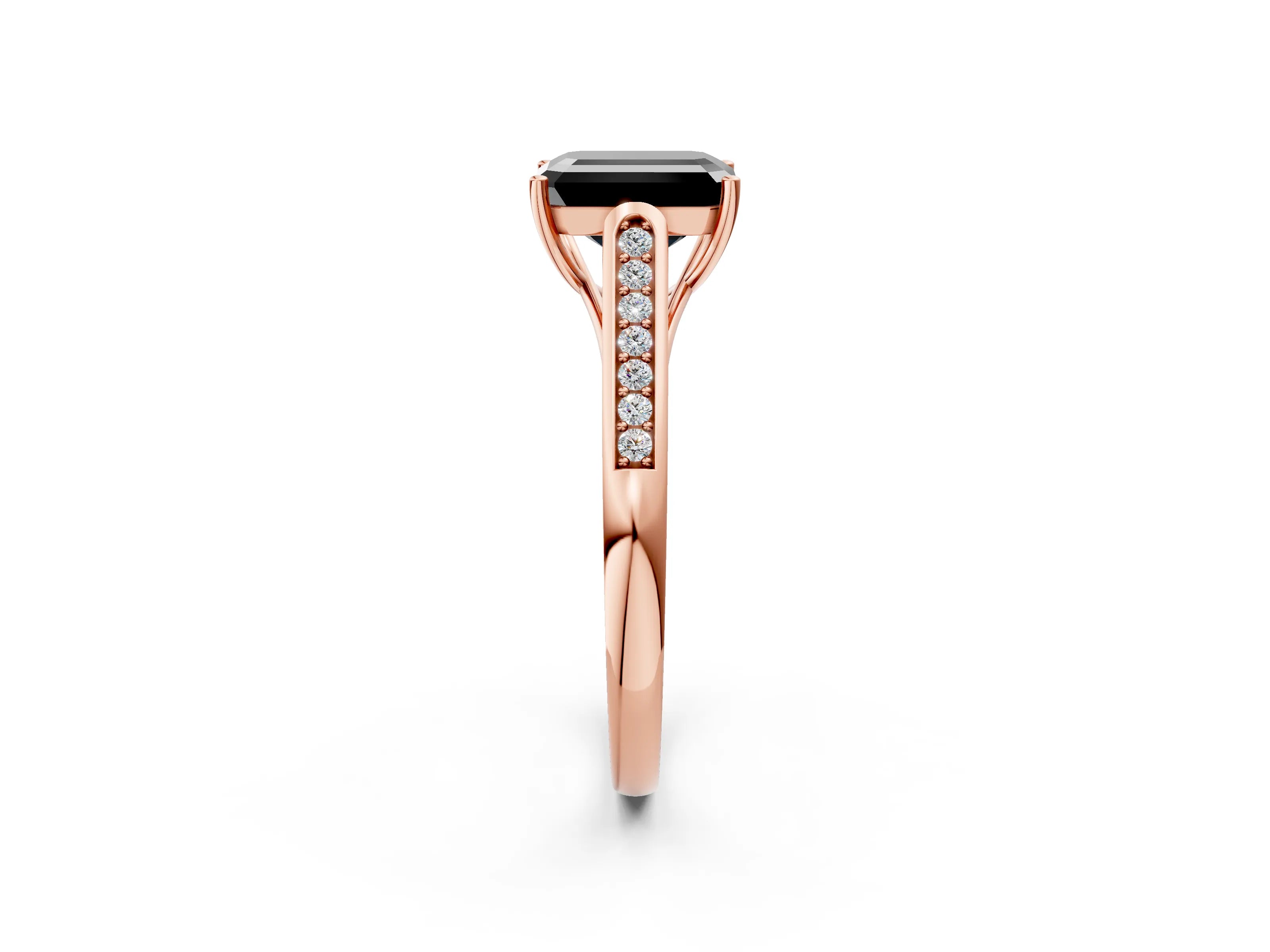 Rose gold Fancy Black Emerald Cut Solitaire Cathedral Diamond Engagement Ring with Channel-Set Band and Four-Prong Setting_5