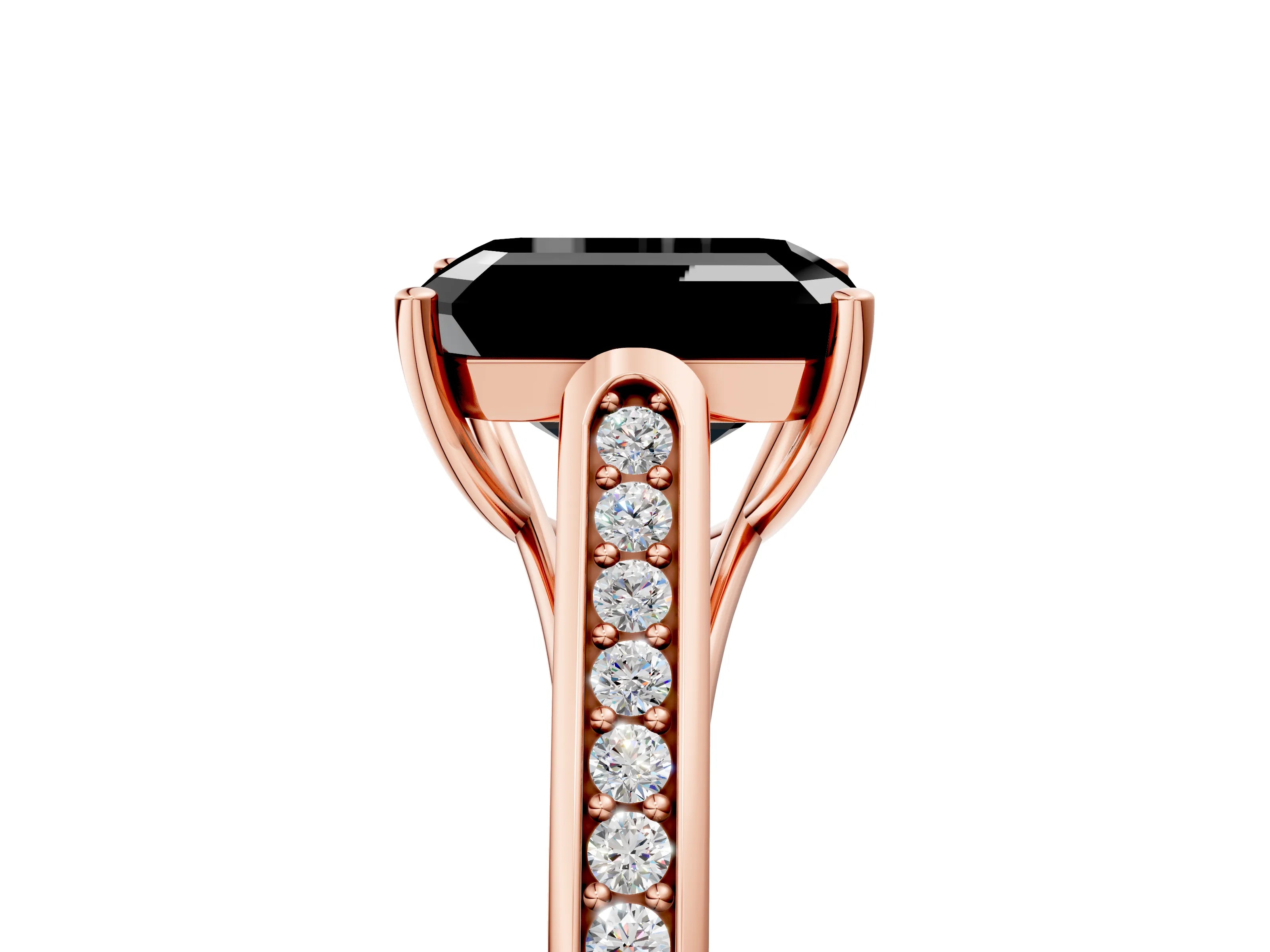 Rose gold Fancy Black Emerald Cut Solitaire Cathedral Diamond Engagement Ring with Channel-Set Band and Four-Prong Setting_8