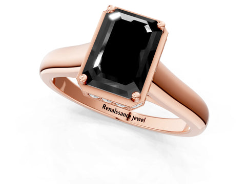 Rose gold Fancy Black Emerald Cut Solitaire Diamond Engagement Ring with Four-Prong Setting and Tapered Band_1