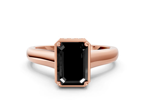 Rose gold Fancy Black Emerald Cut Solitaire Diamond Engagement Ring with Four-Prong Setting and Tapered Band