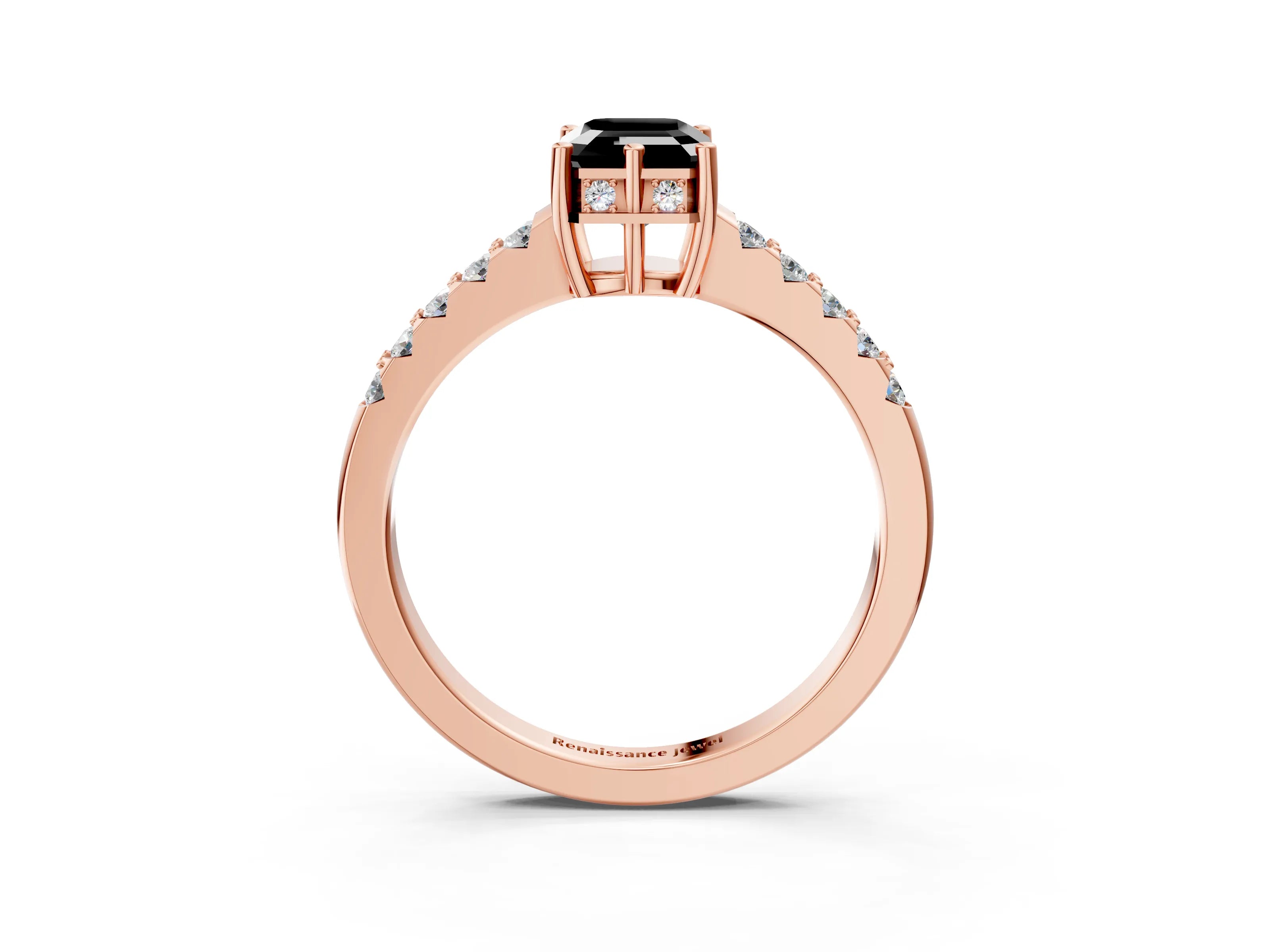 Rose gold Fancy Black Emerald Cut Solitaire Diamond Engagement Ring with Pavé Band and Six-Prong Setting_15