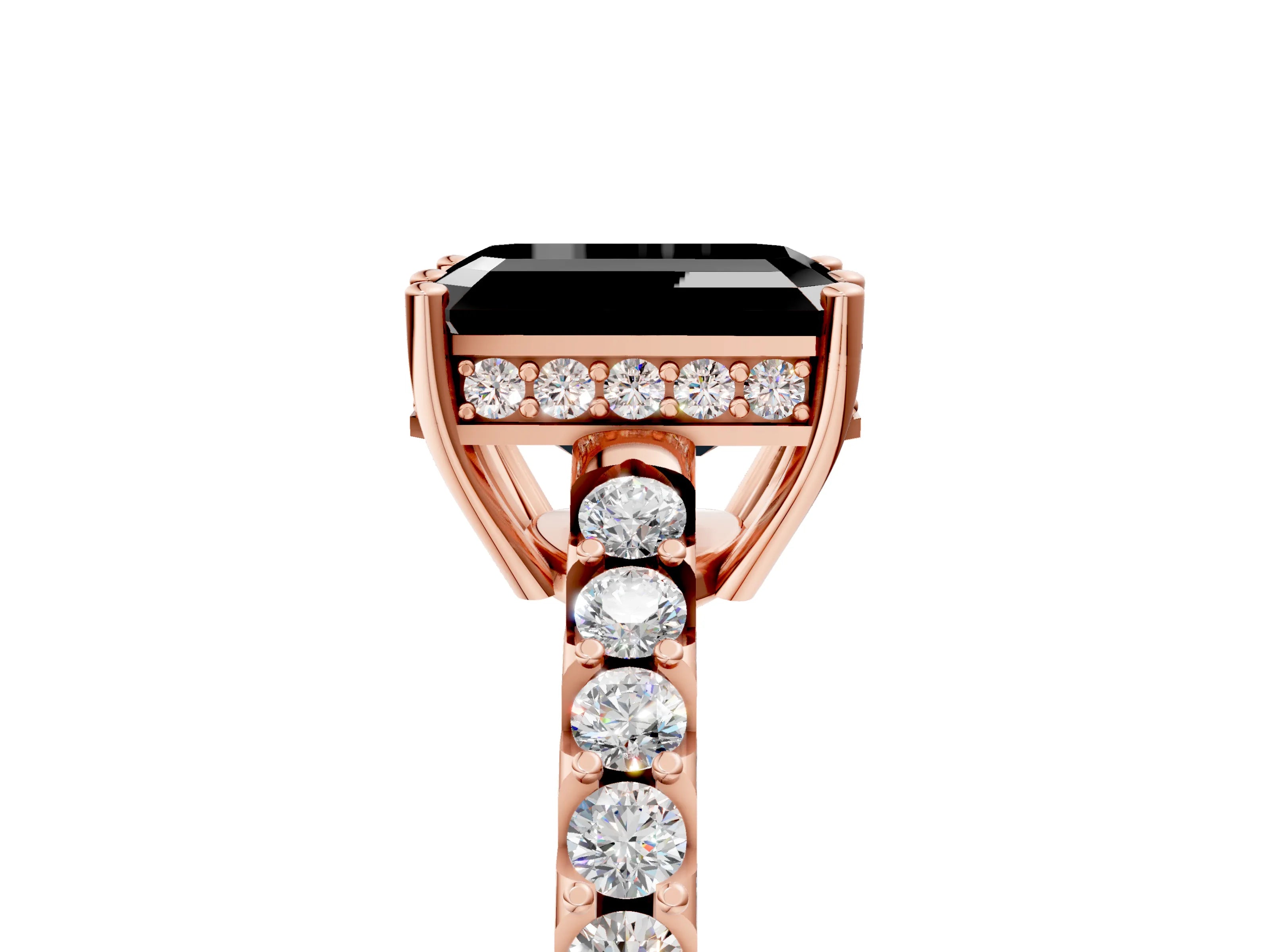 Rose gold Fancy Black Emerald Cut Solitaire Diamond Engagement Ring with Pavé Band and Six-Prong Setting_17
