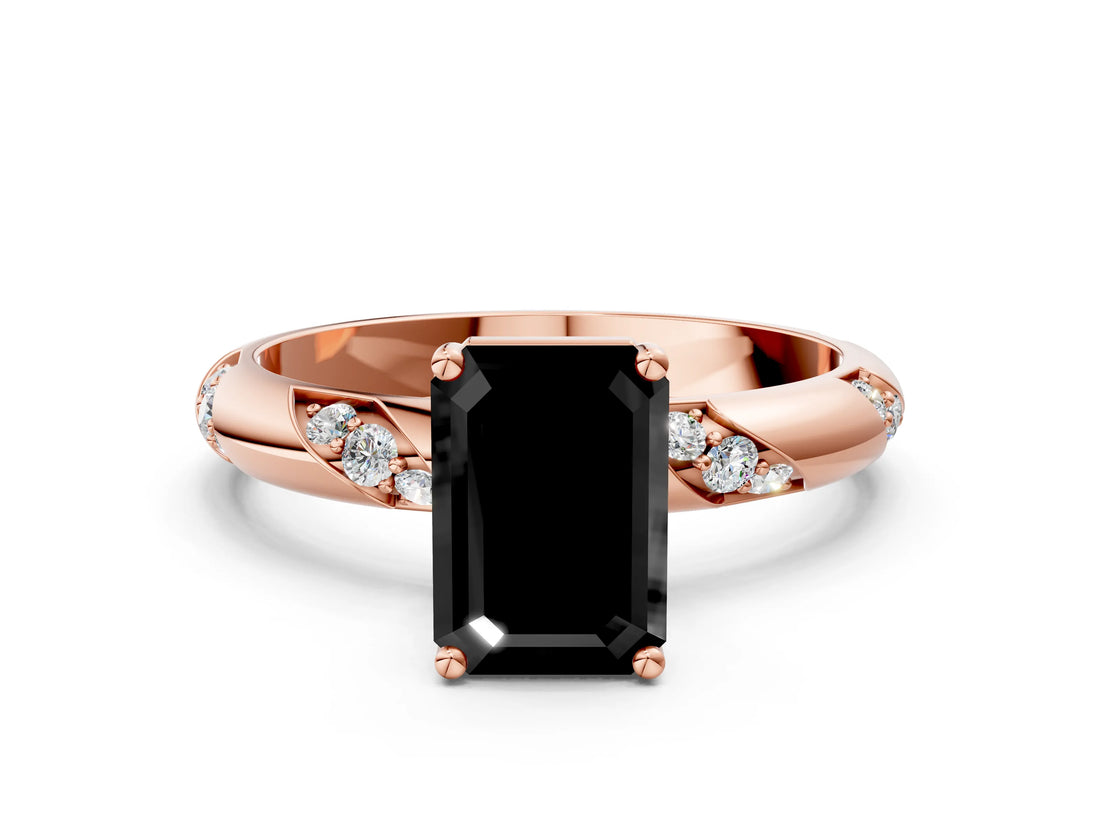 Rose gold Fancy Black Emerald Cut Solitaire Diamond Engagement Ring with Twisted Pave Band and Four-Prong Setting_3
