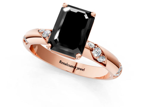 Rose gold Fancy Black Emerald Cut Solitaire Diamond Engagement Ring with Twisted Pave Band and Four-Prong Setting_4