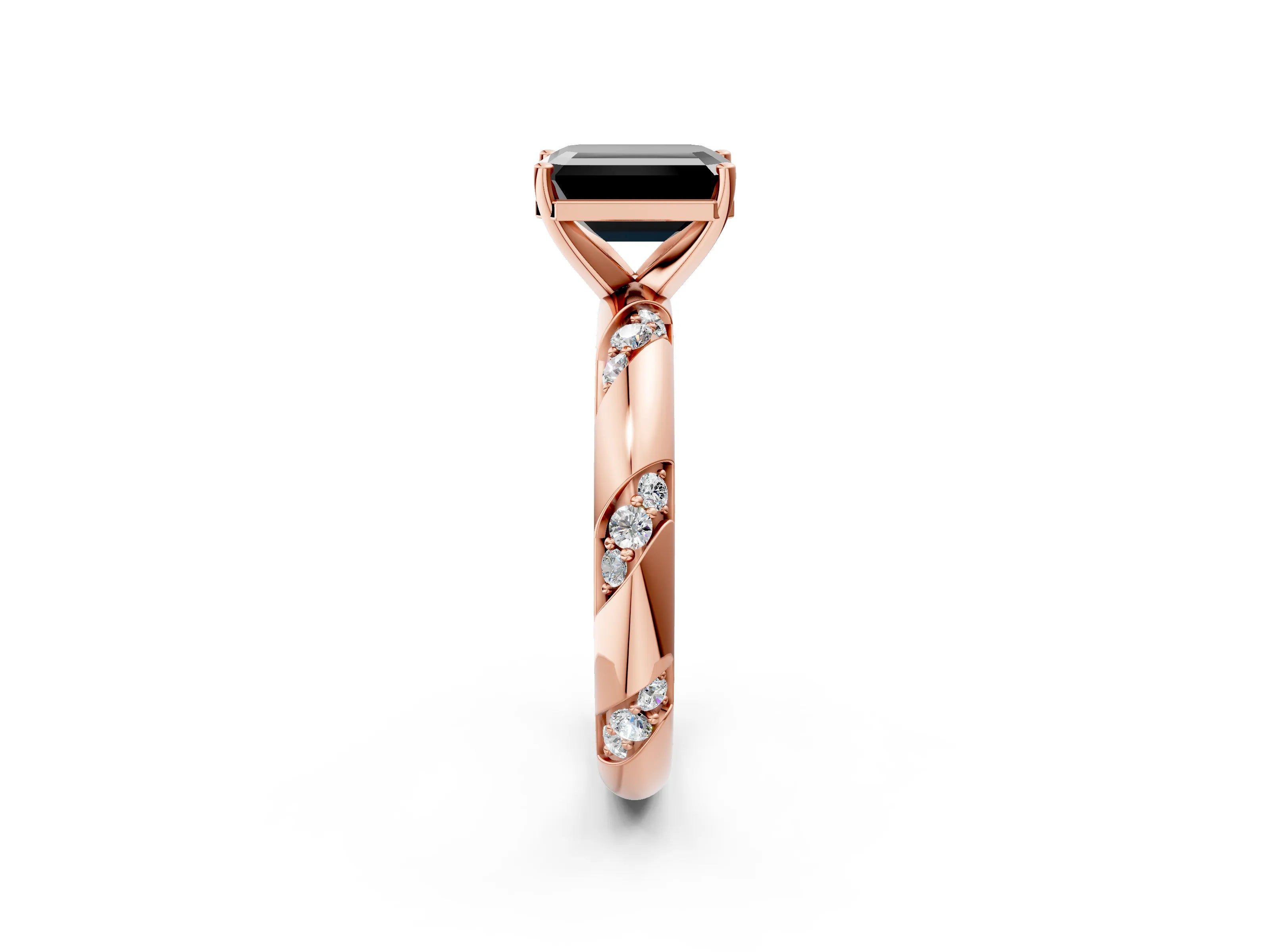 Rose gold Fancy Black Emerald Cut Solitaire Diamond Engagement Ring with Twisted Pave Band and Four-Prong Setting_5
