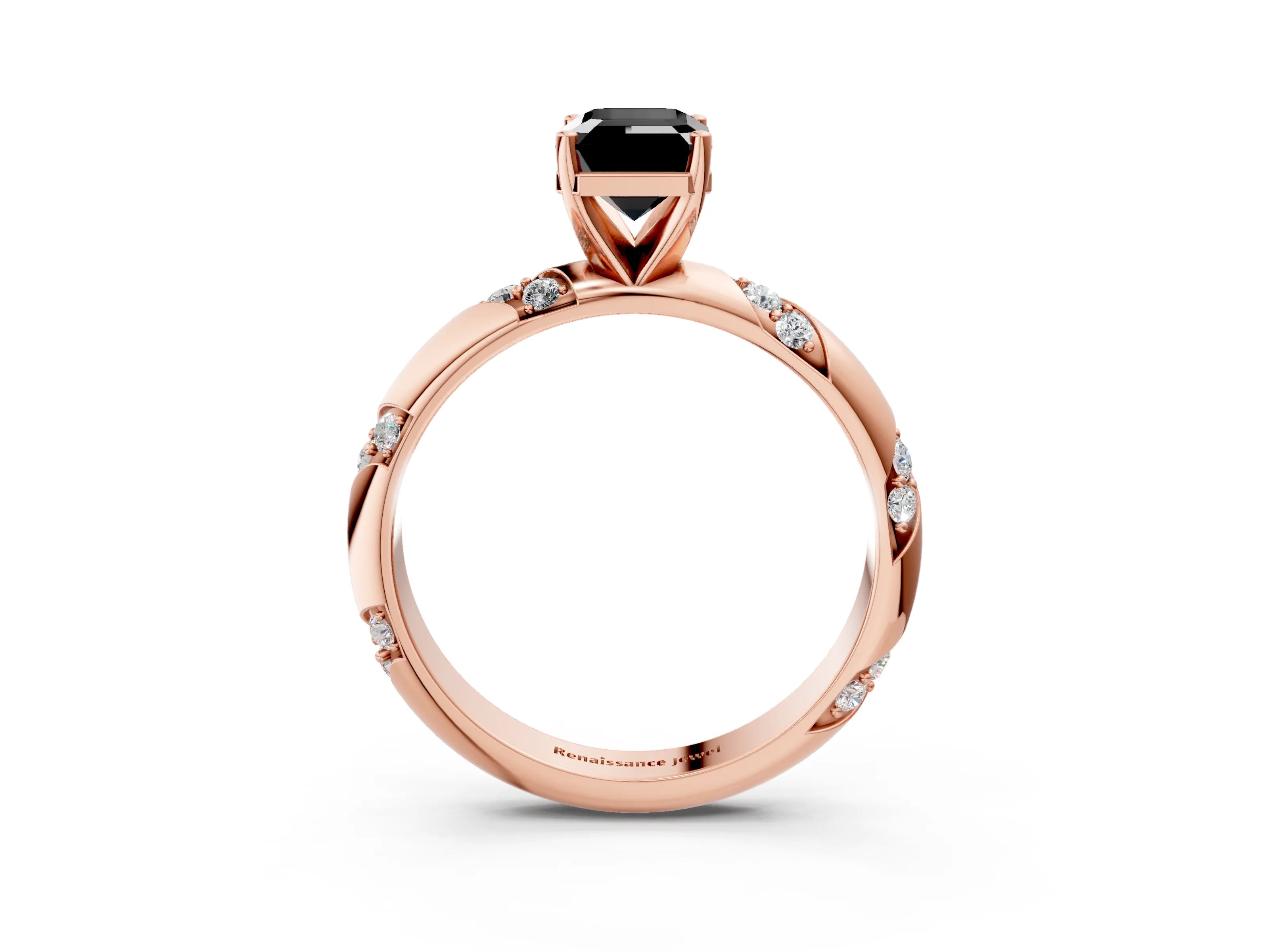 Rose gold Fancy Black Emerald Cut Solitaire Diamond Engagement Ring with Twisted Pave Band and Four-Prong Setting_6