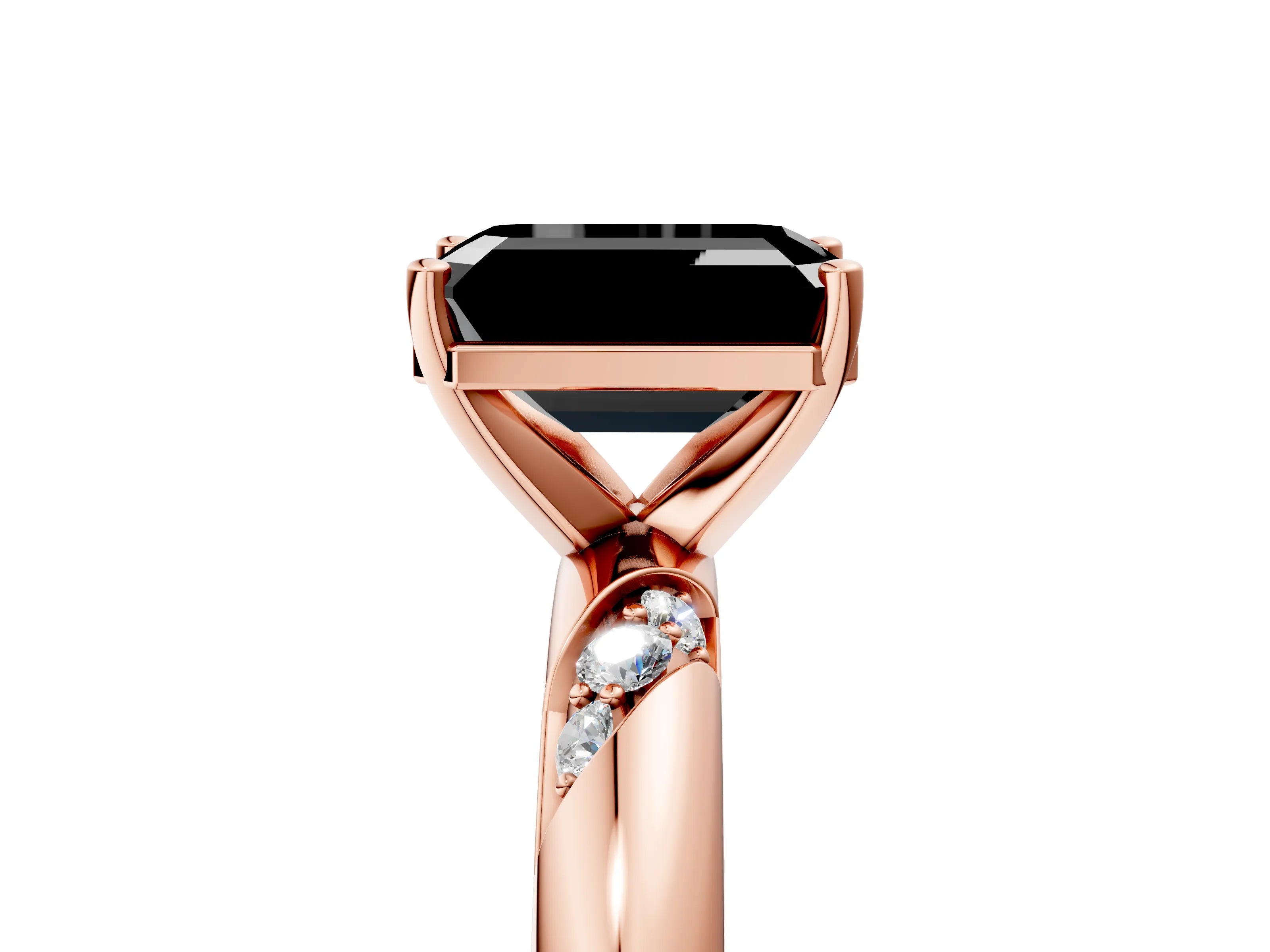 Rose gold Fancy Black Emerald Cut Solitaire Diamond Engagement Ring with Twisted Pave Band and Four-Prong Setting_8