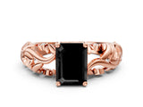 Rose gold Fancy Black Emerald Cut Solitaire Diamond Leaf-Inspired Vine Band Ring with Prong Setting